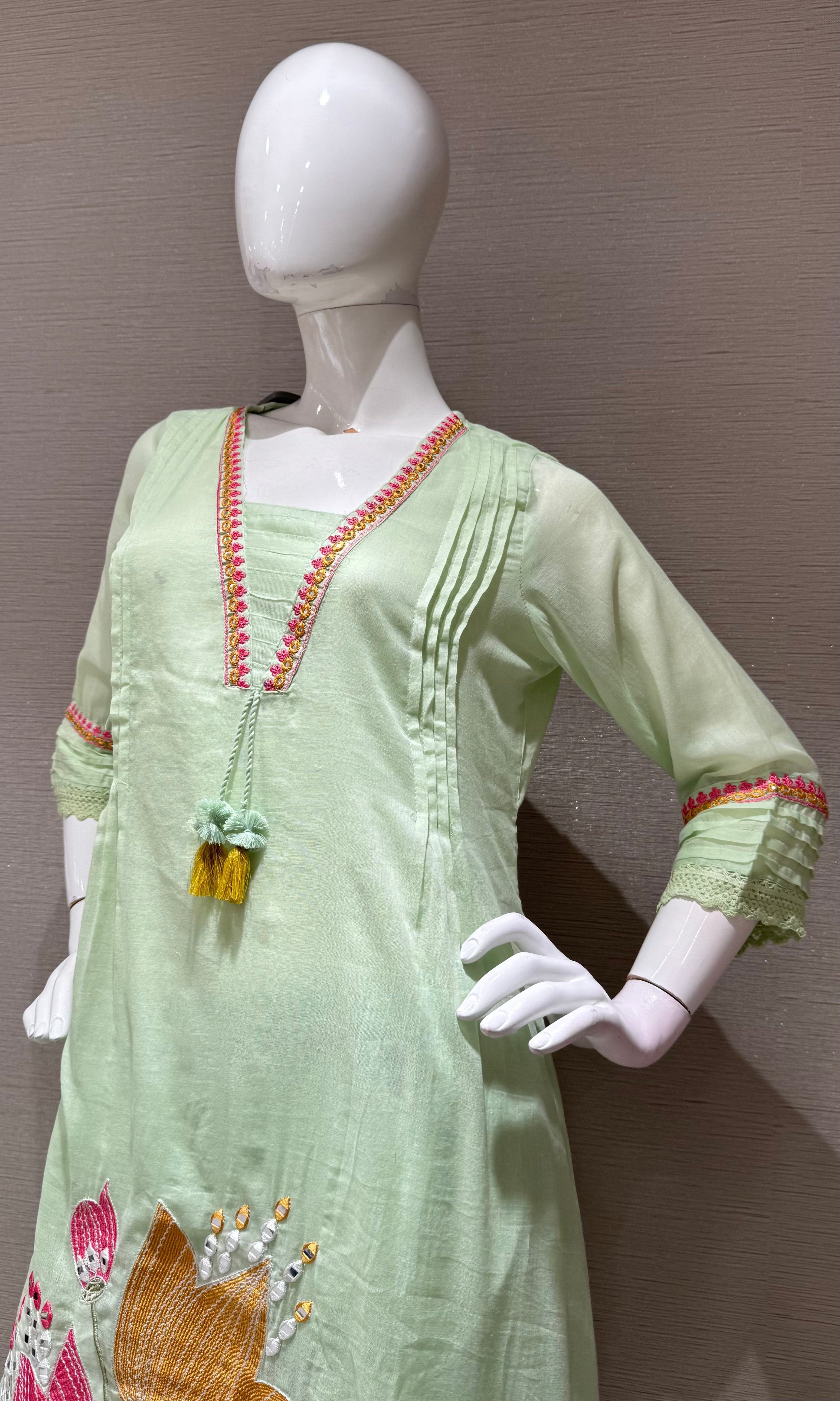 Pista Green Floral embroidered kurta set