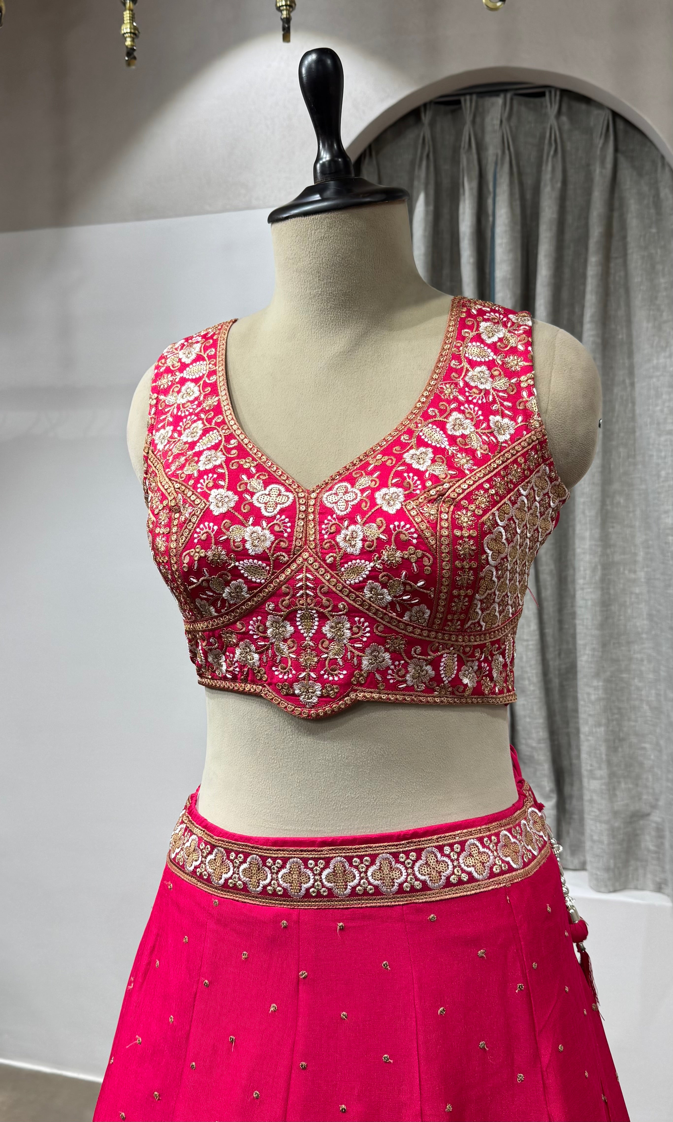 pink raw silk embroidered lehenga set