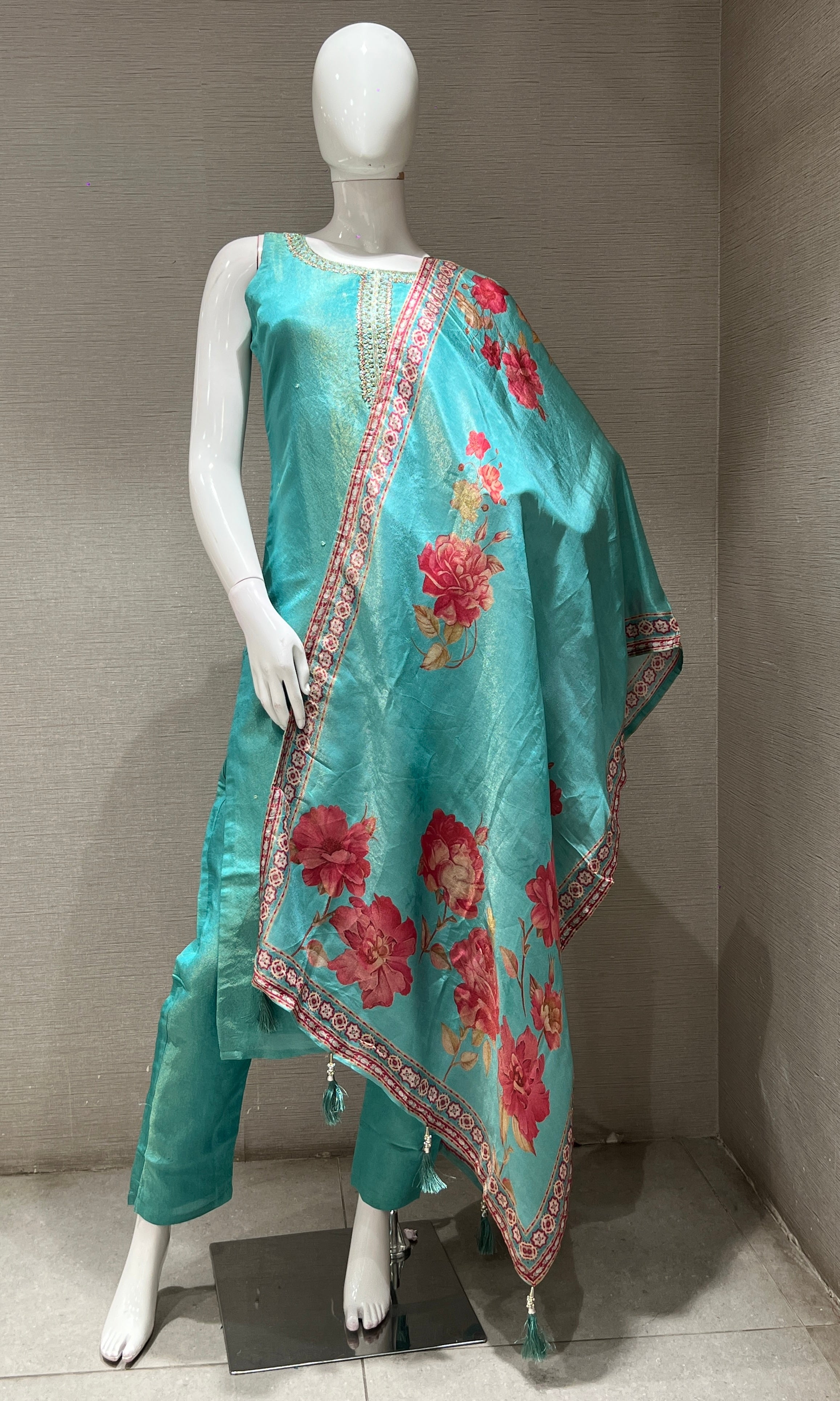 sea blue kurta set with floral printed dupatta