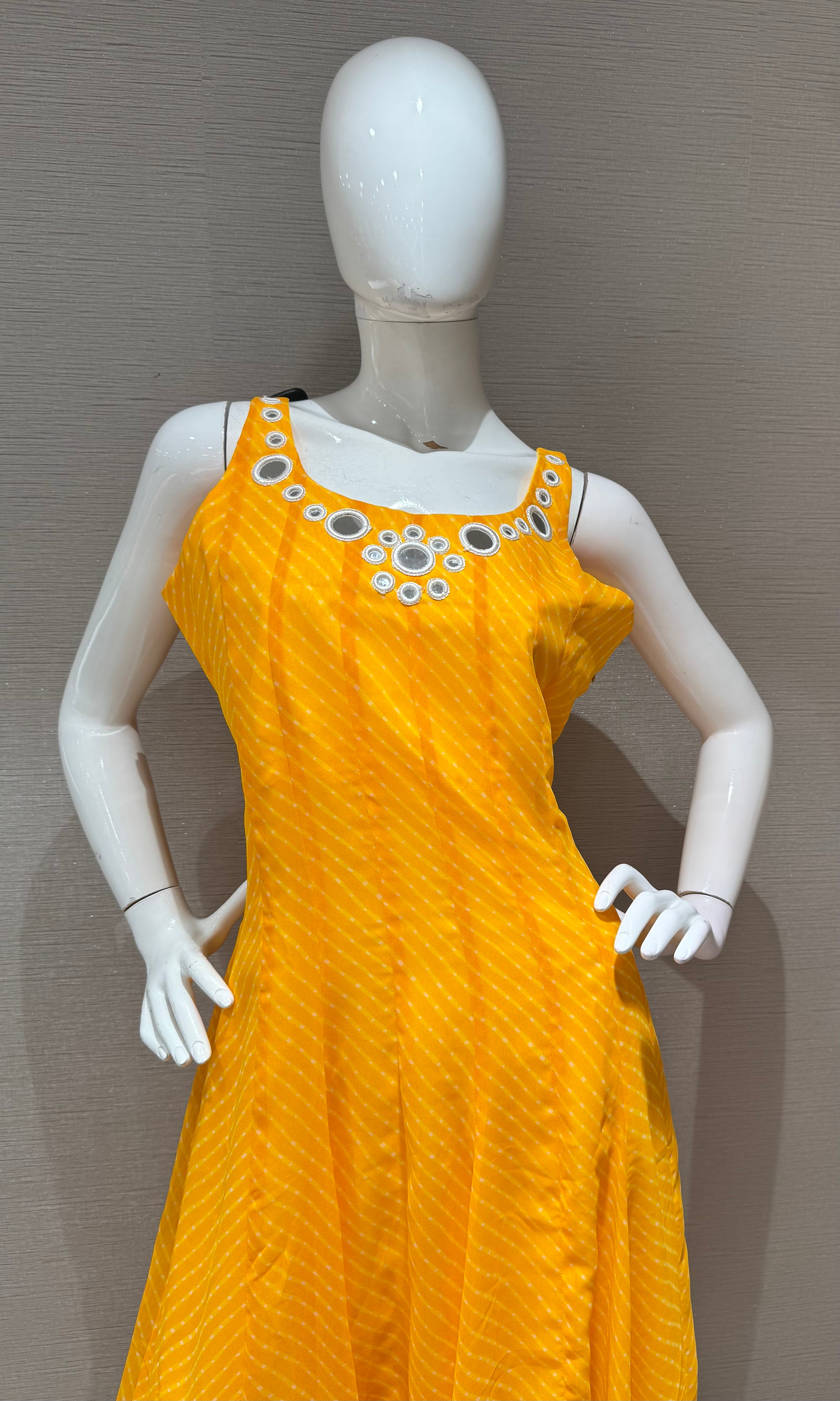 yellow bandhani print and intricate mirror anarkali set
