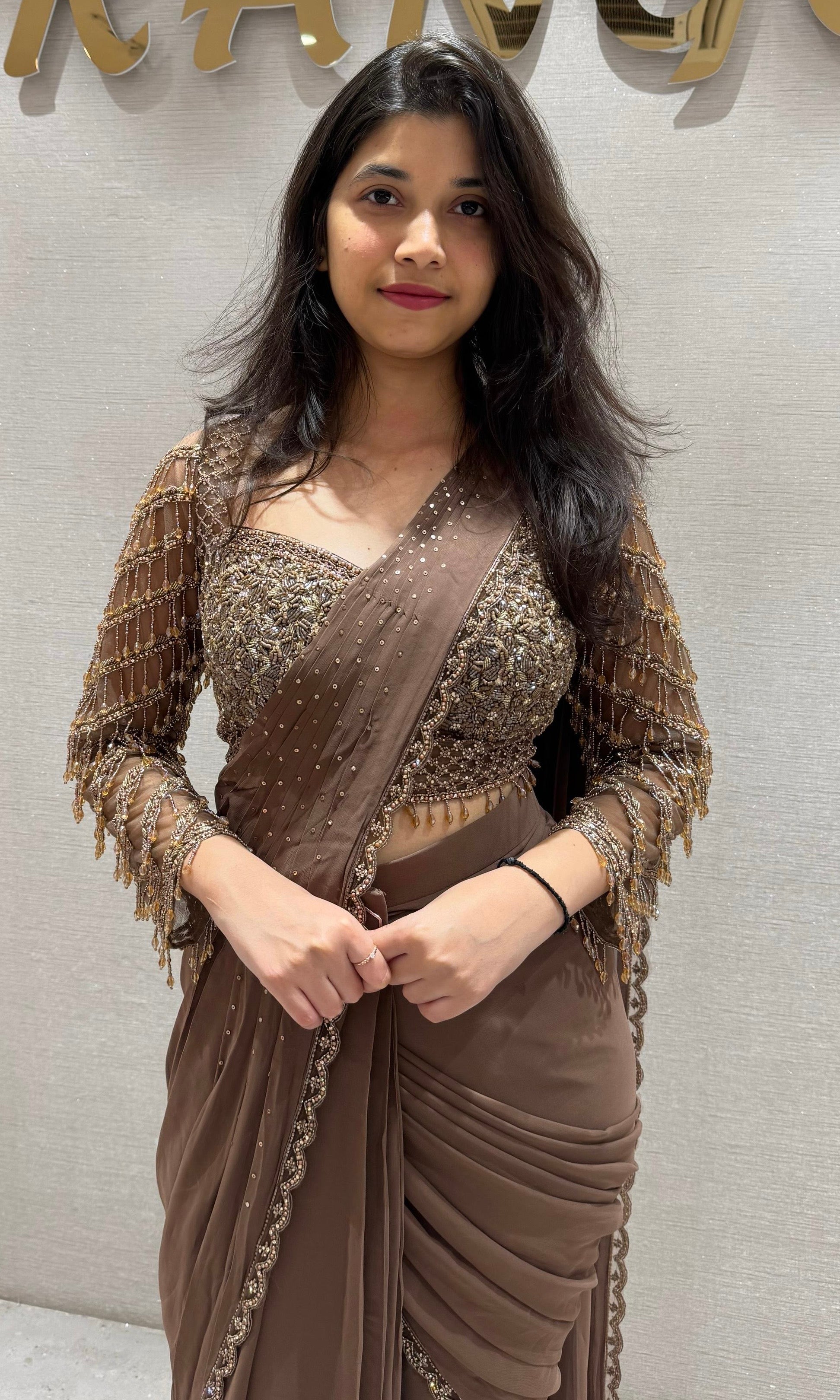 Brown Drape Saree with Beaded Blouse