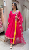 RANI PINK FLORAL NECK A LINE kurta set
