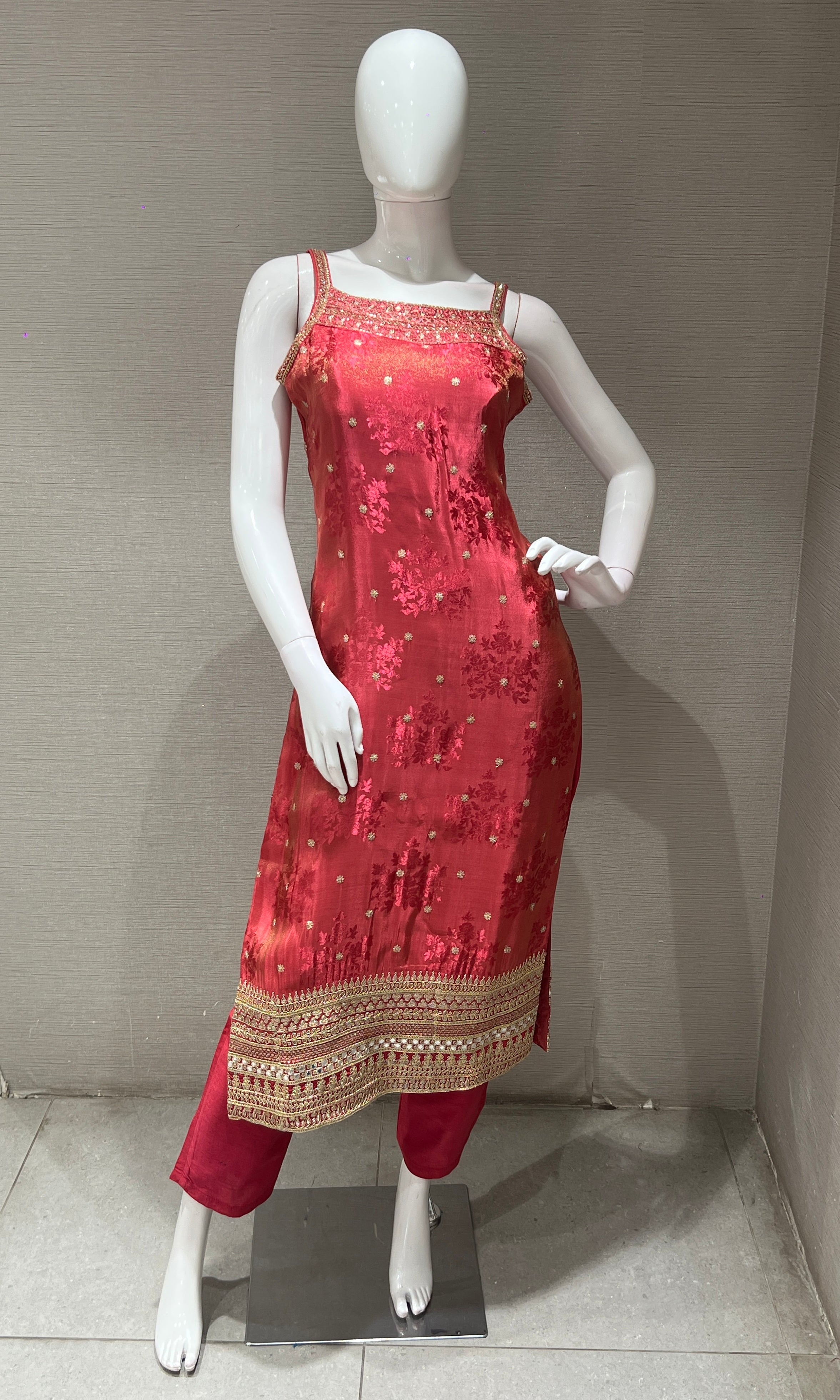 pink and gold embroidered kurta set