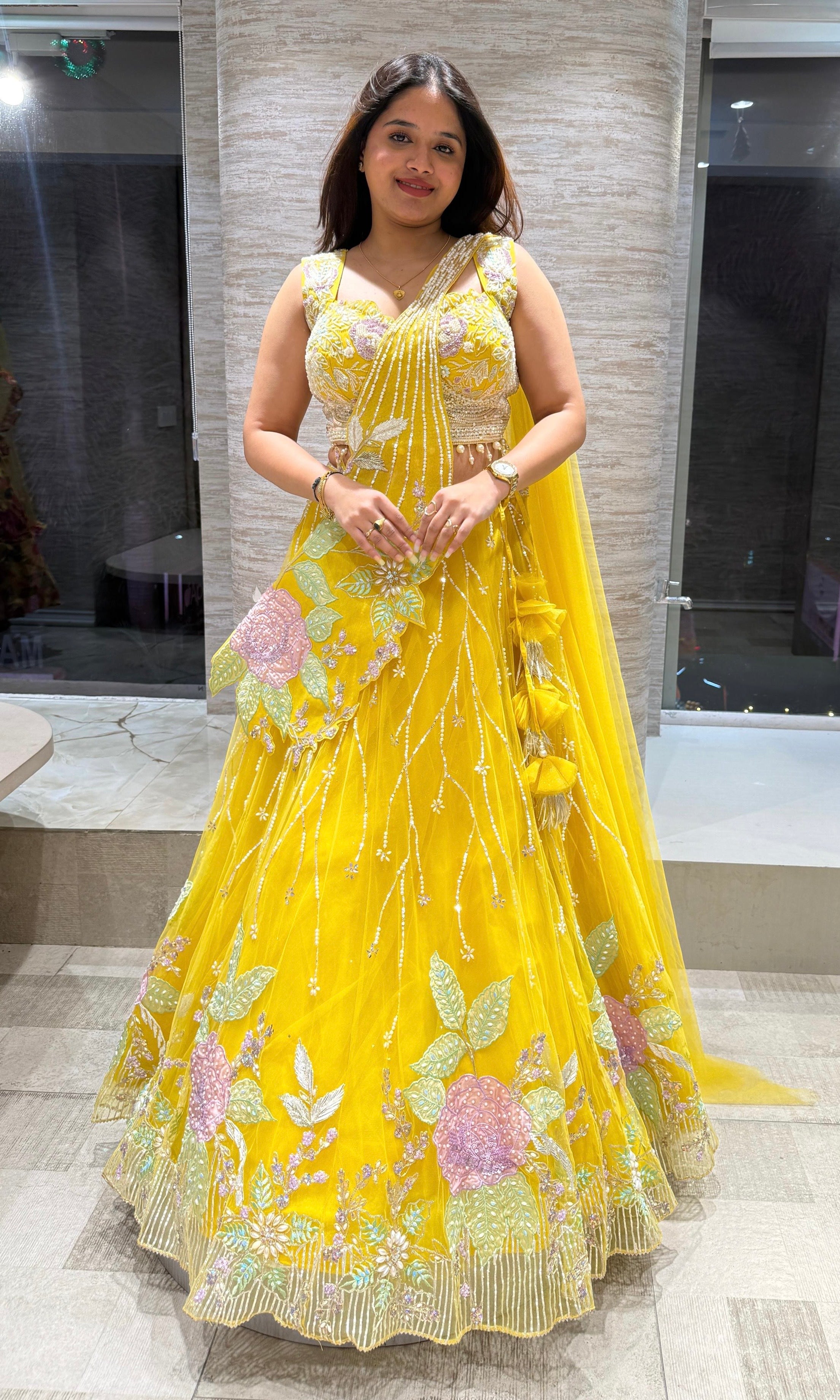 Yellow floral Crystal Embellished Lehenga
