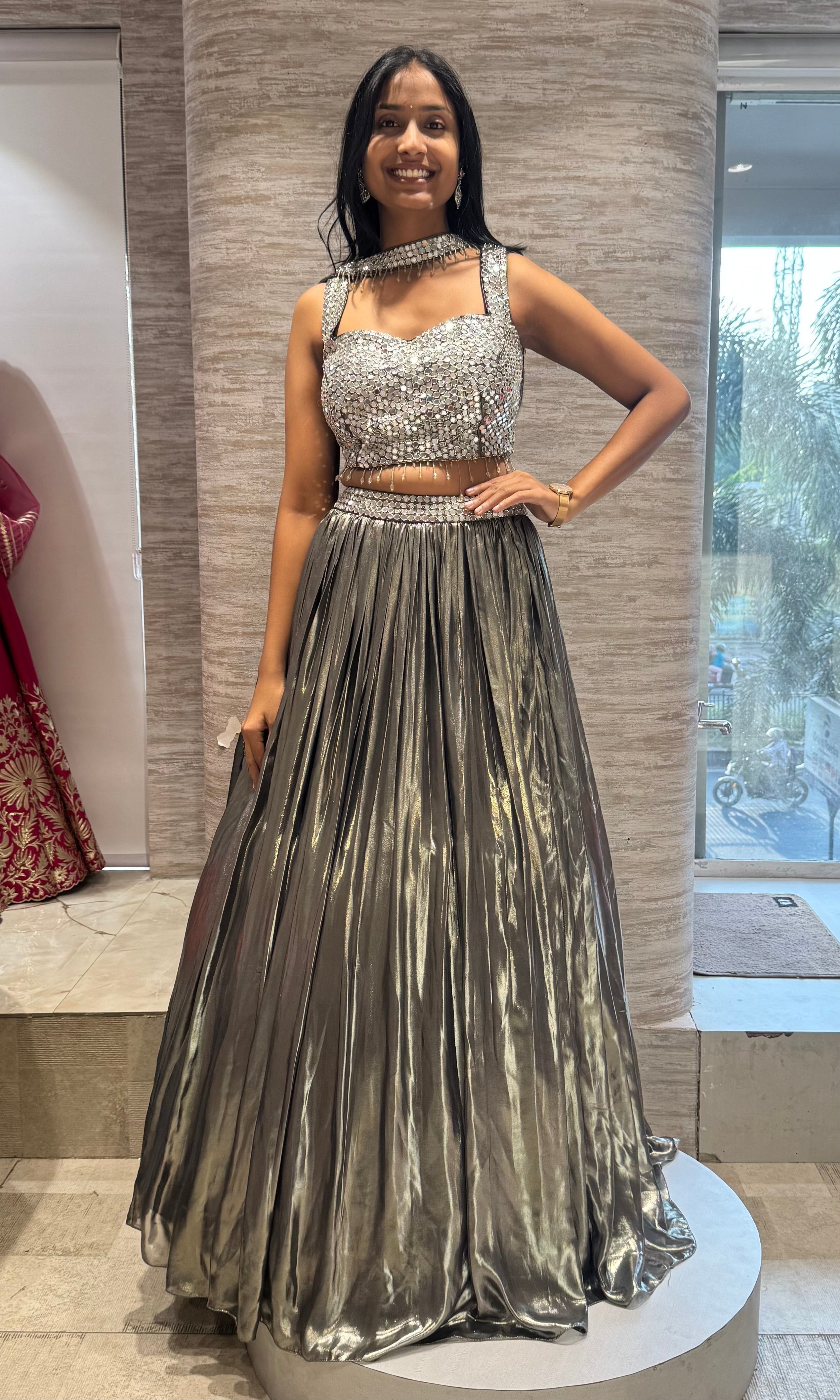 OLIVE GREEN pleated metallic LEHENGA SET