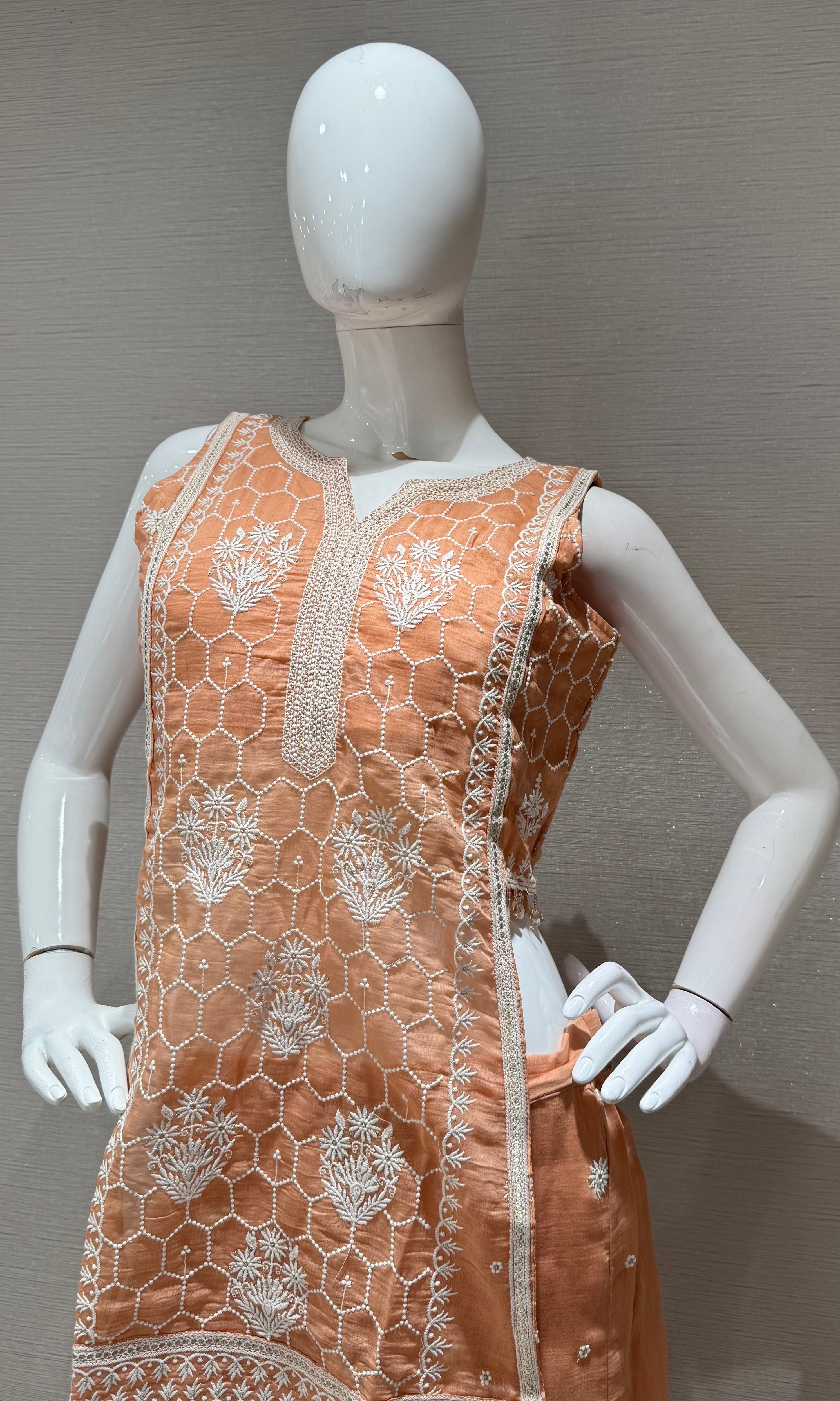 Peach Floral Embroidered Palazzo with Sheer Dupatta