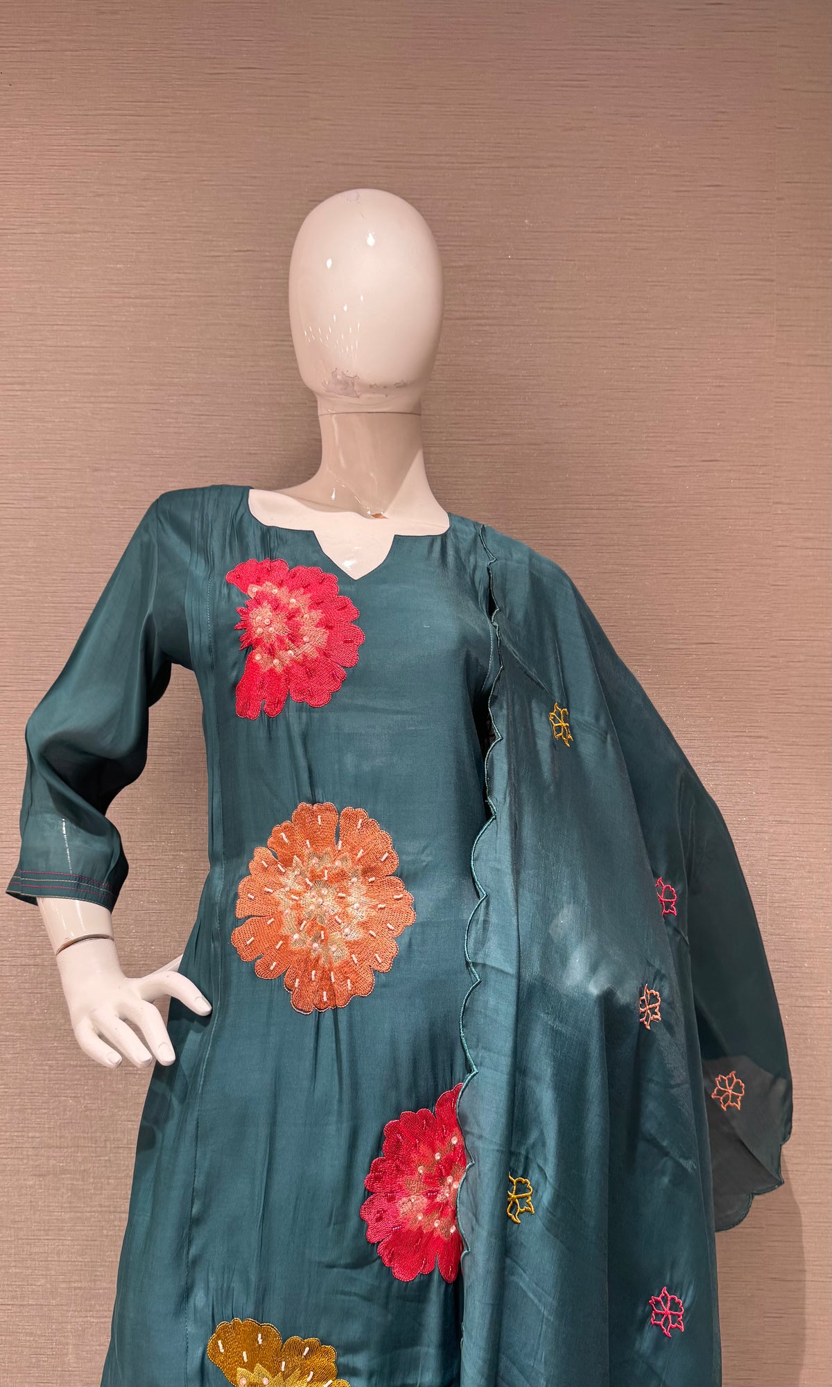 Sea Green cotton silk Floral Motif Kurta set with dupatta