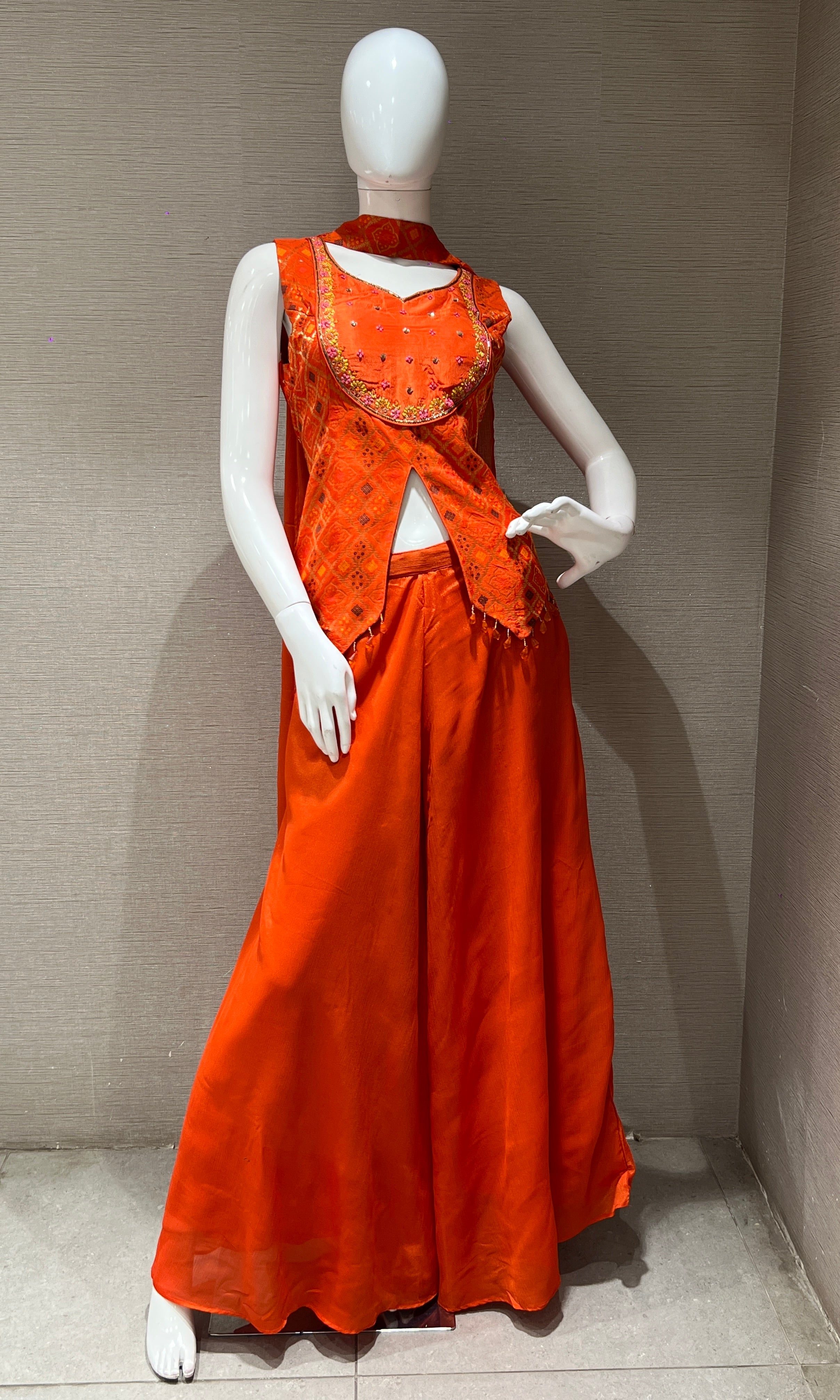 Orange shimmer tissue palazzo with designer top