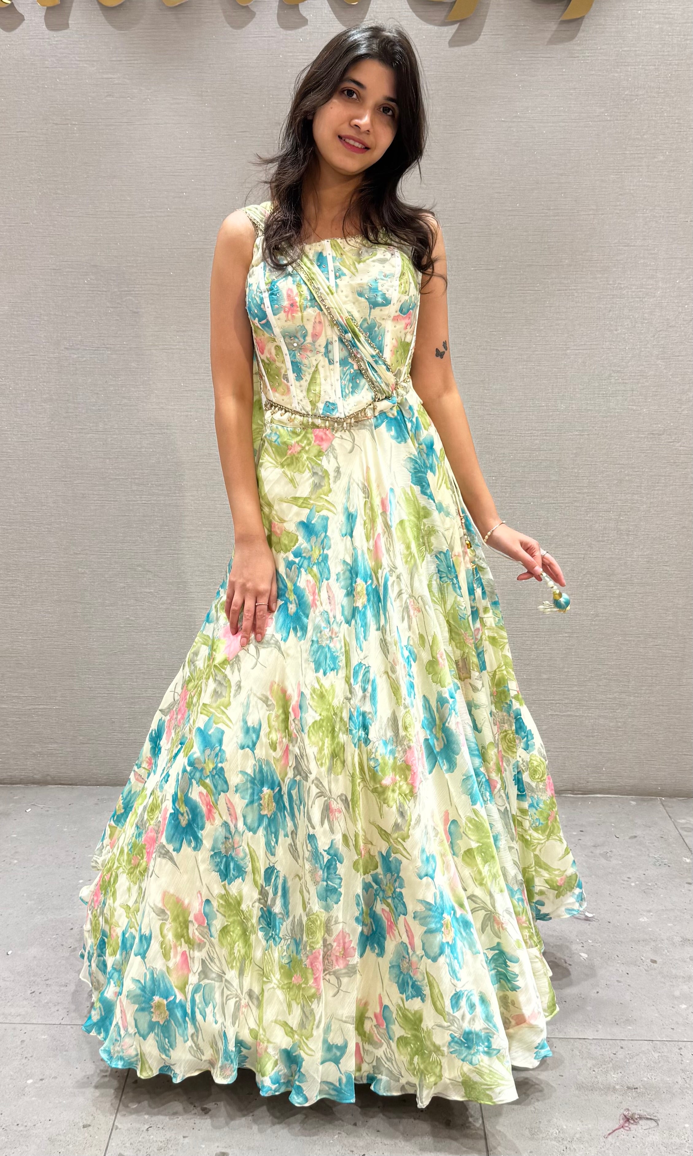 Blue Summer Bloom Floral Lehenga