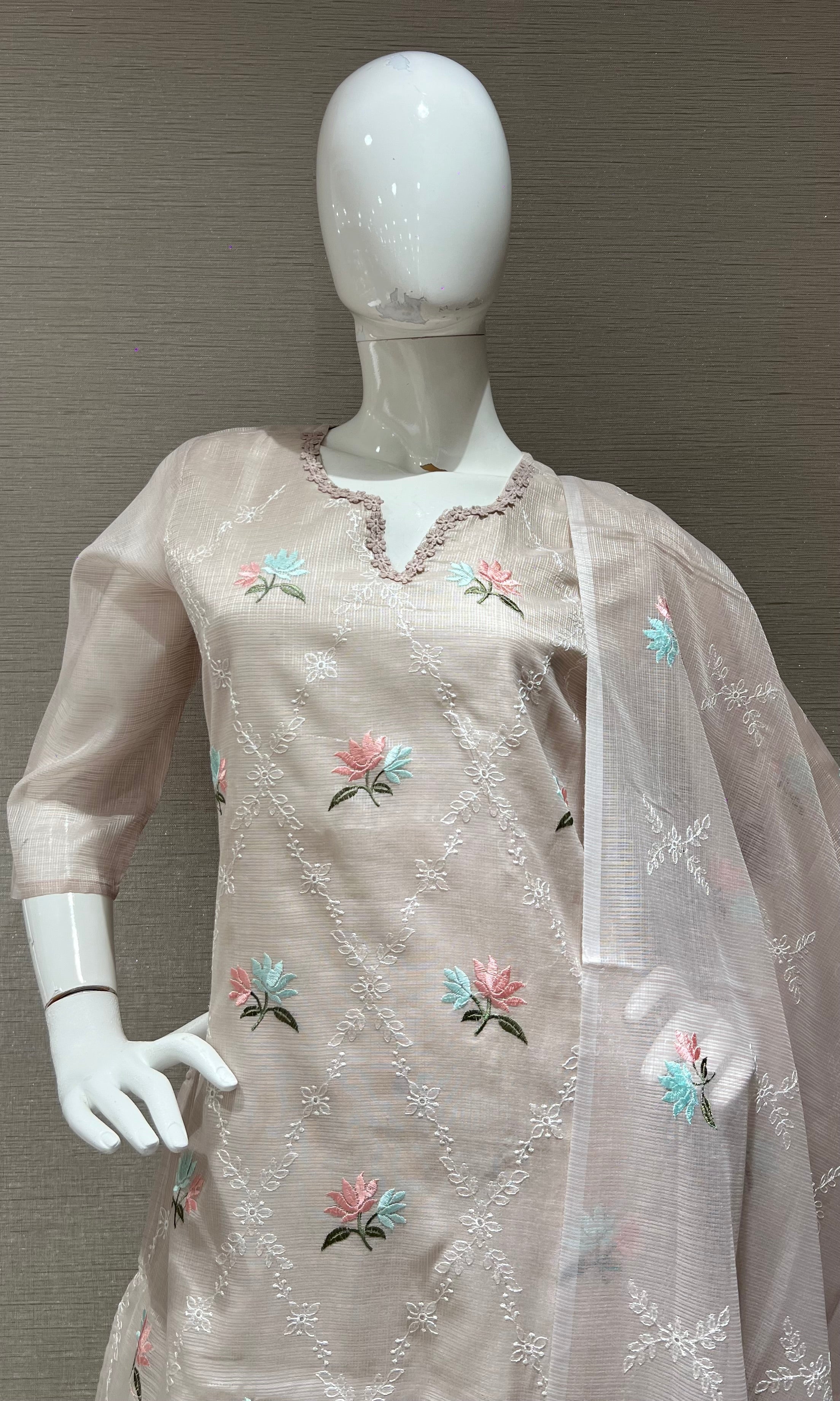 Ivory Floral Organza Kurta Set with Dupatta