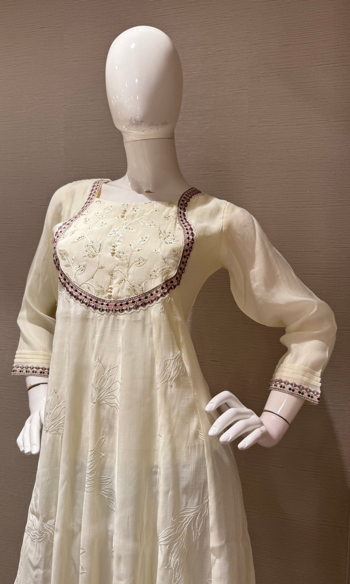 Cream Flared georgette Kurta top with Intricate Neckline