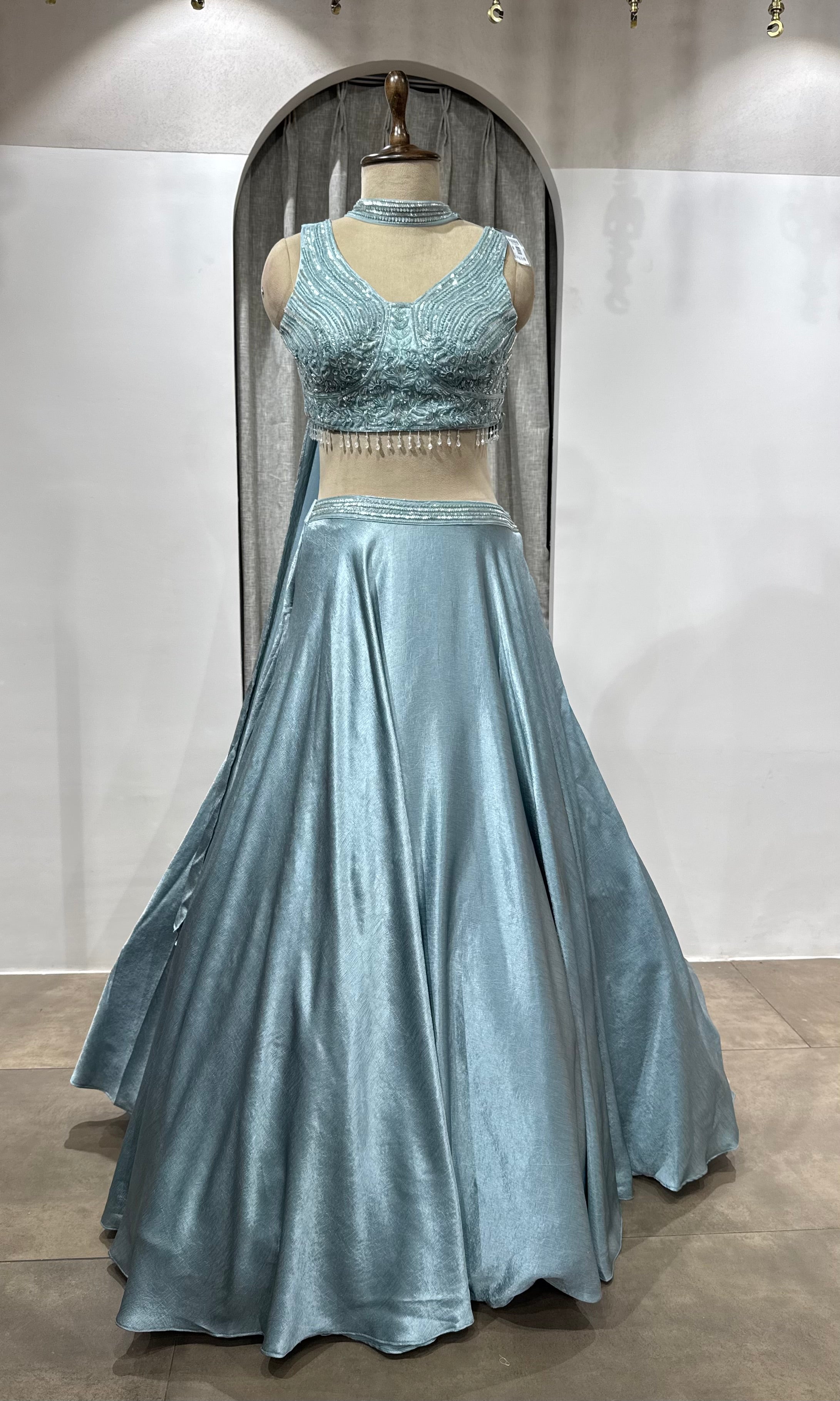 Sea green Lehenga with embroidered corset blouse
