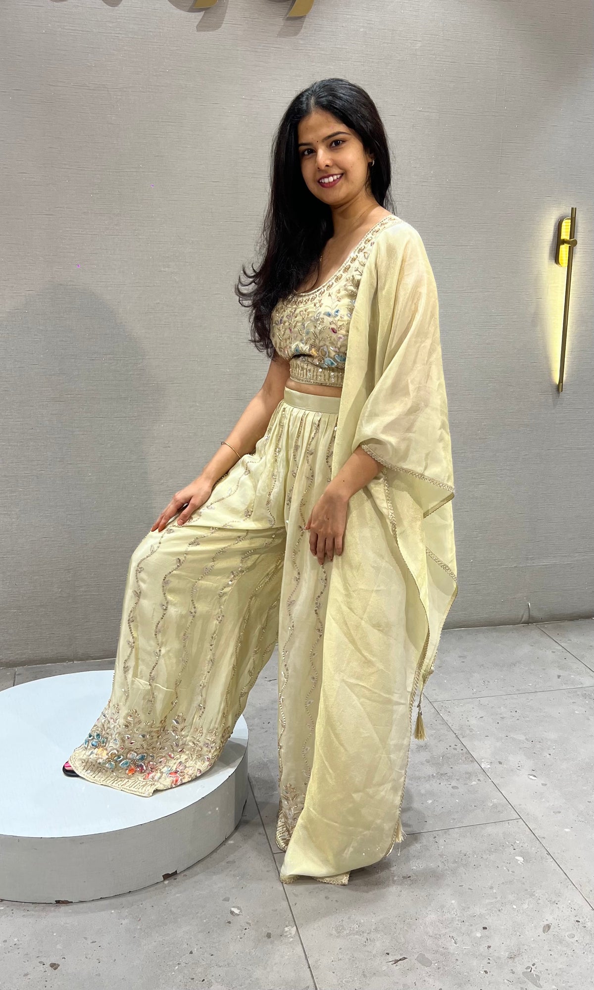 Half white Embroidered Tissue silk Crop Top Palazzo Set with Dupatta