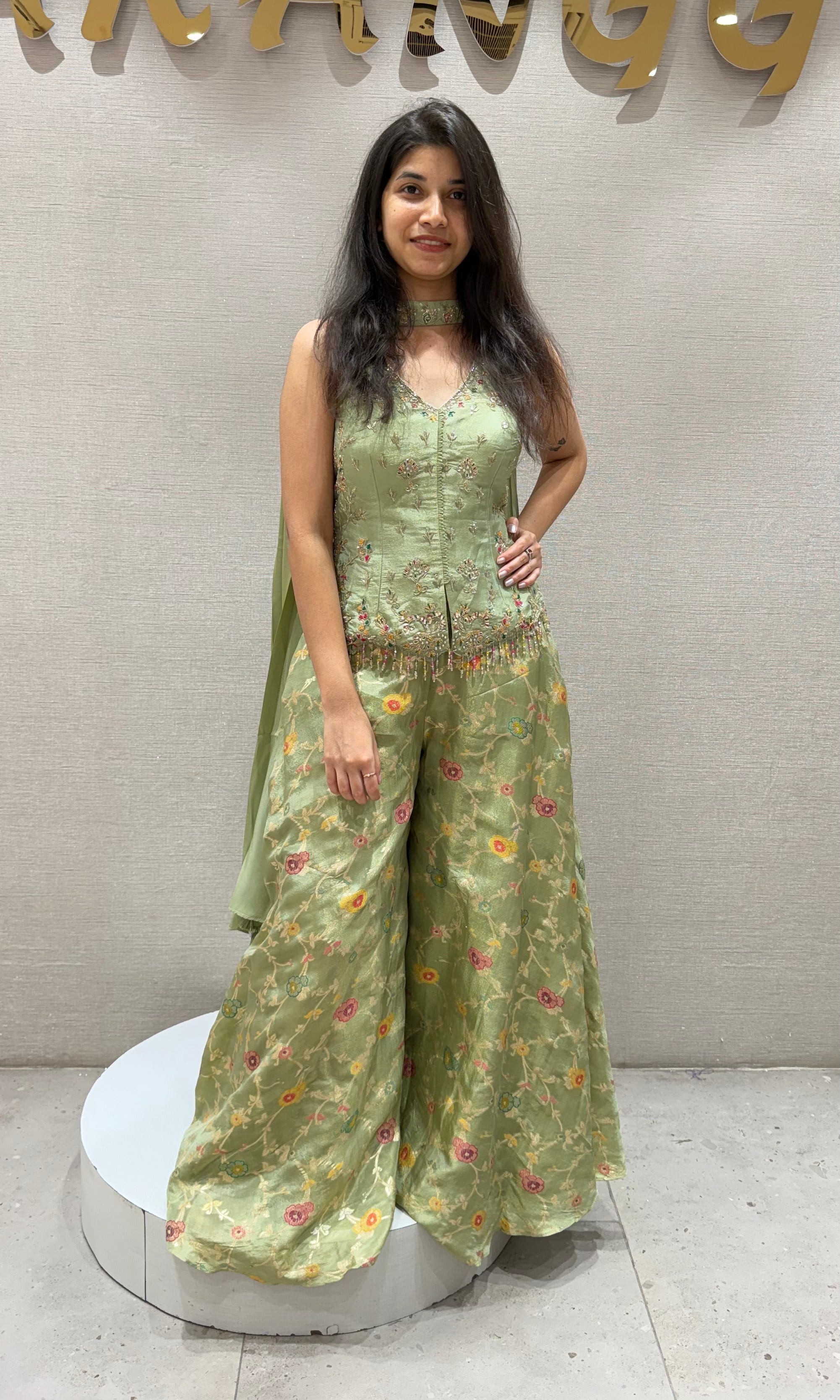 Pista green FLORAL EMBROIDERED PALAZZO SET