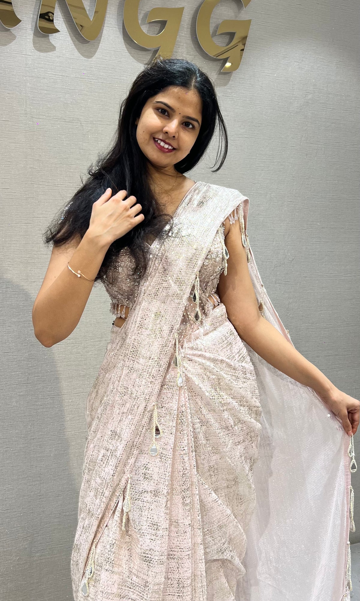 Baby Pink Floral Saree with Embellished Blouse