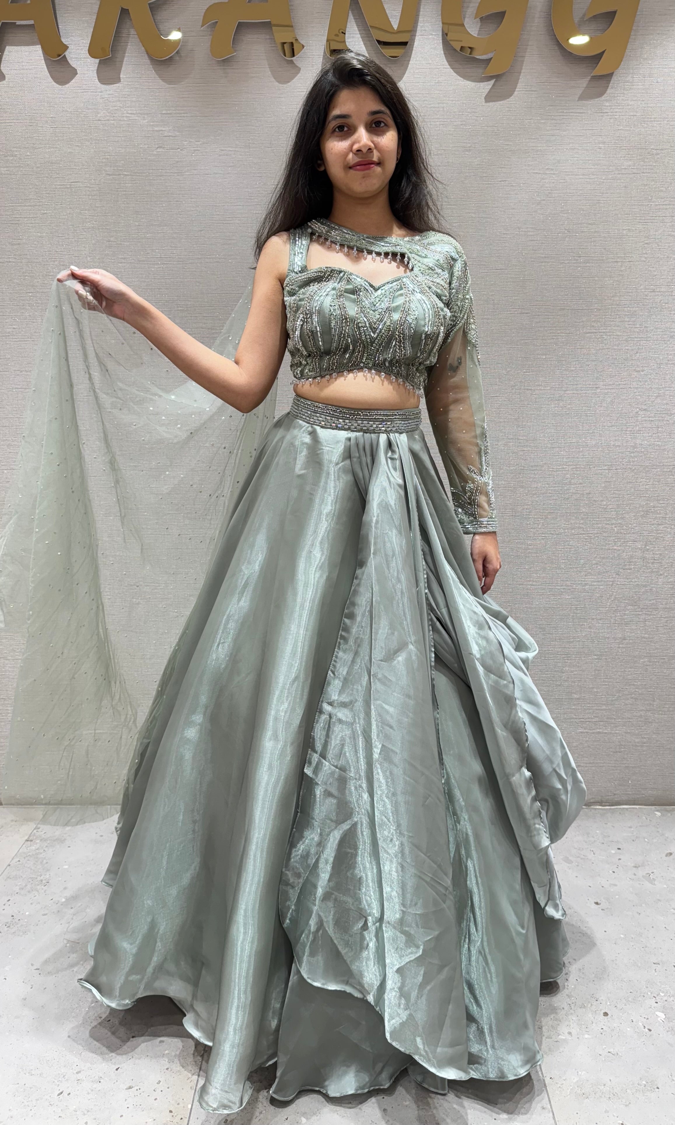 Pista green Organza Embroidered Lehenga Set