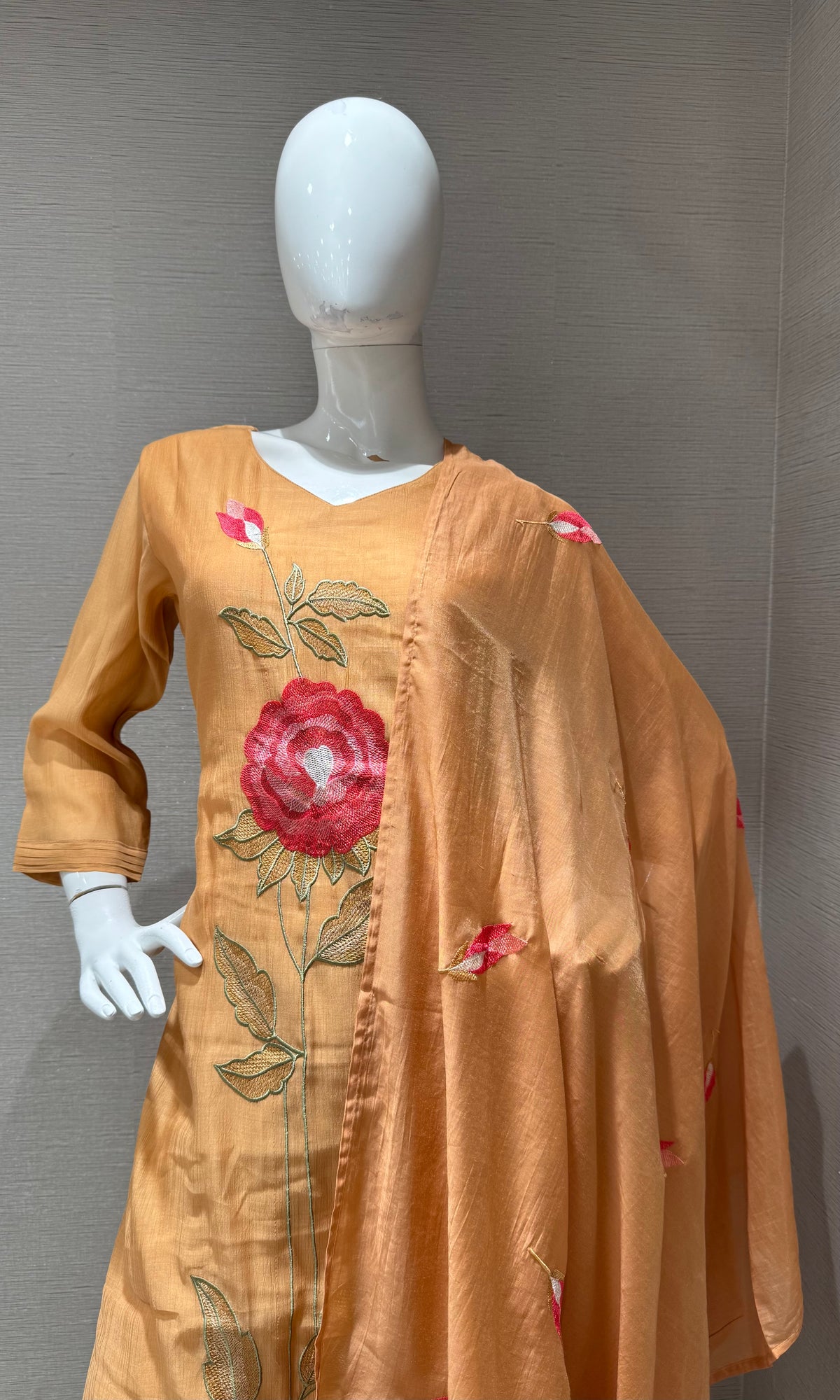 Peach cotton rose Floral Embroidery Kurta Set with Dupatta