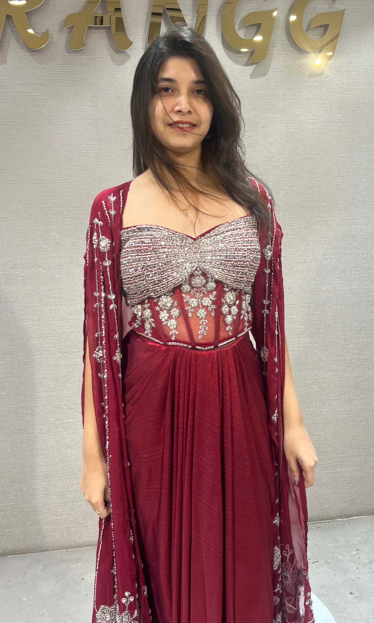 Maroon Deep Embroidered Cape Skirt