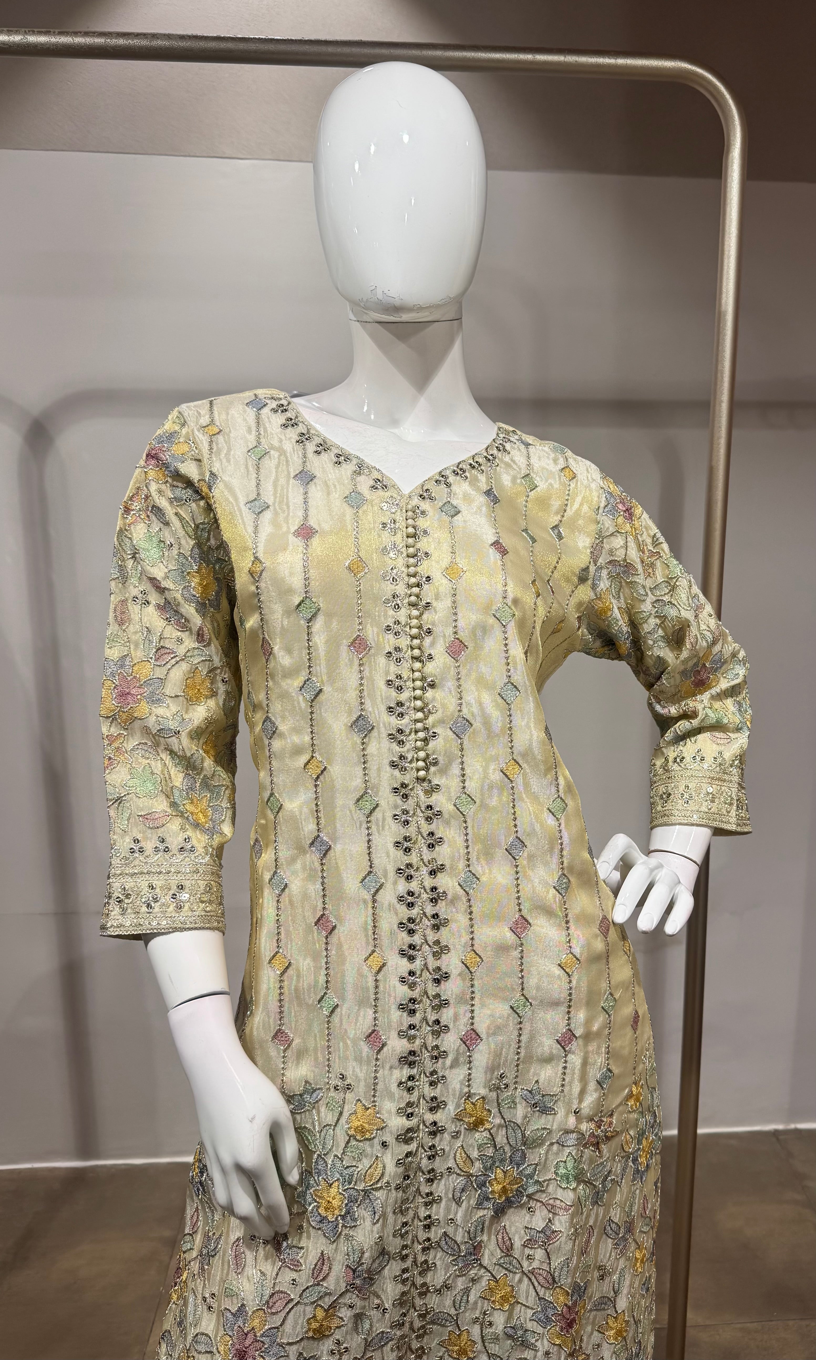 Cream Floral Embroidered Straight Kurta SET