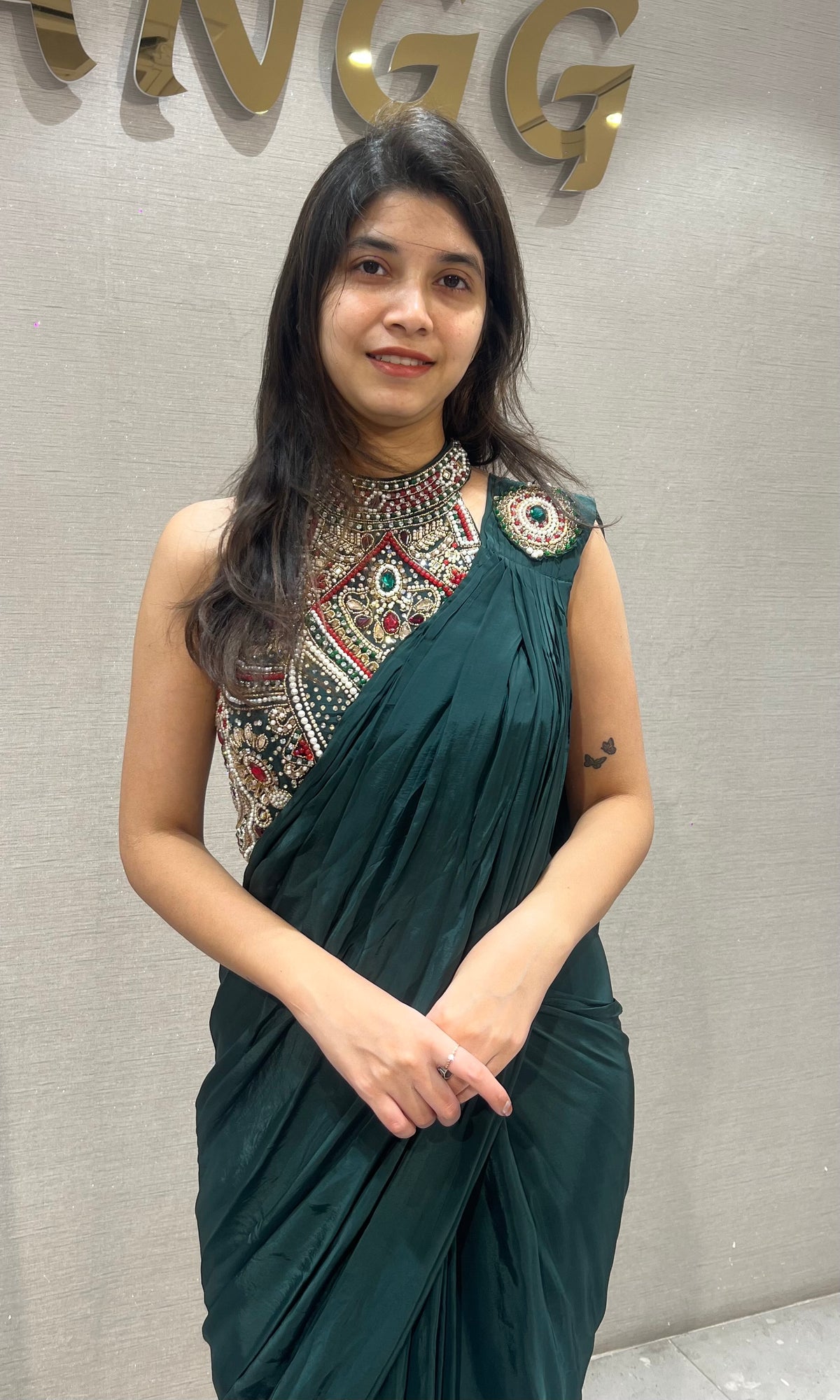 Bottel Green Georgette Saree and Embroidered Blouse