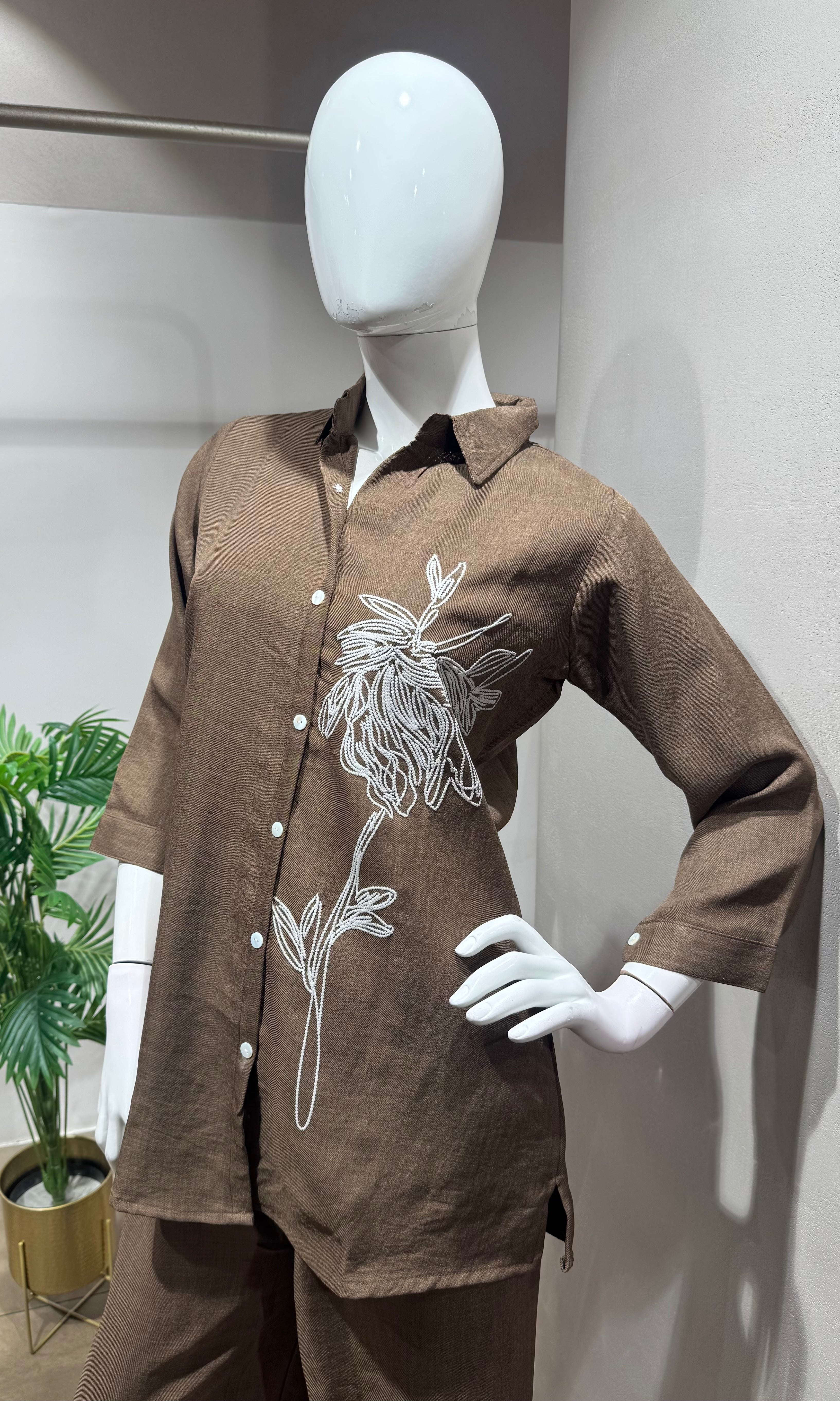 Brown Floral Embroidered Cord Set