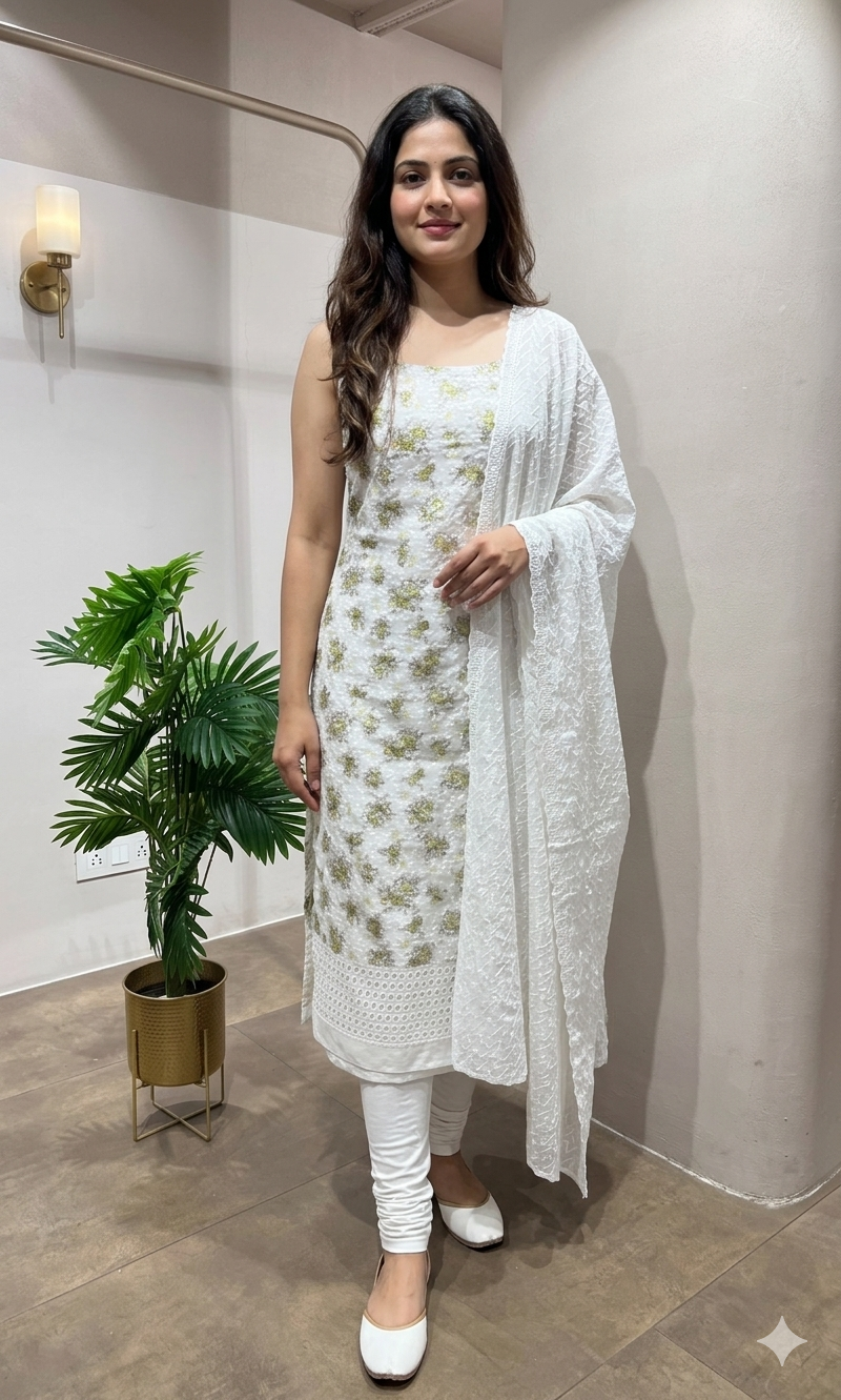GREEN CHIKANKARI DRESS MATERIAL