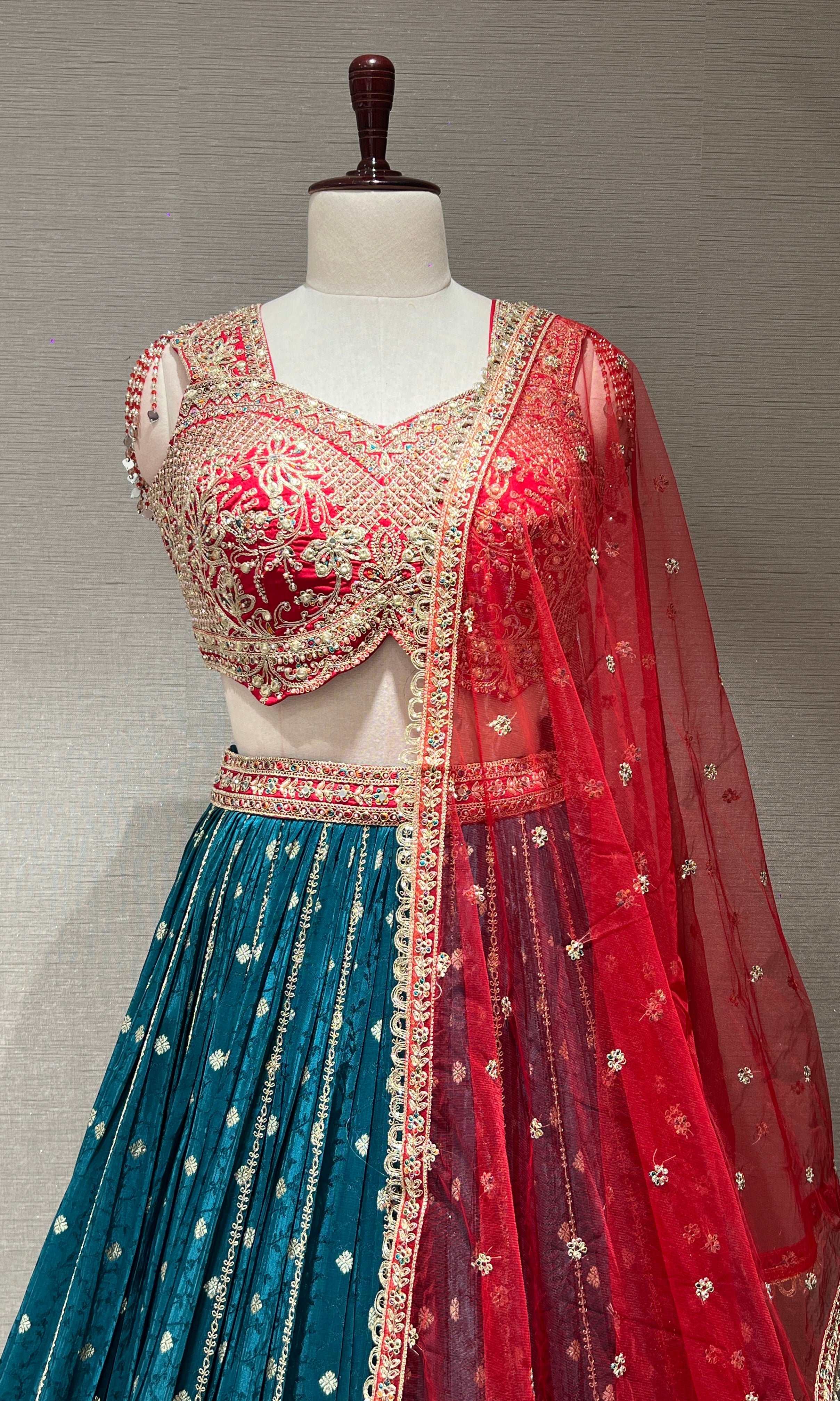 RED MULTI GOLDEN EMBROIDERED LEHENGA