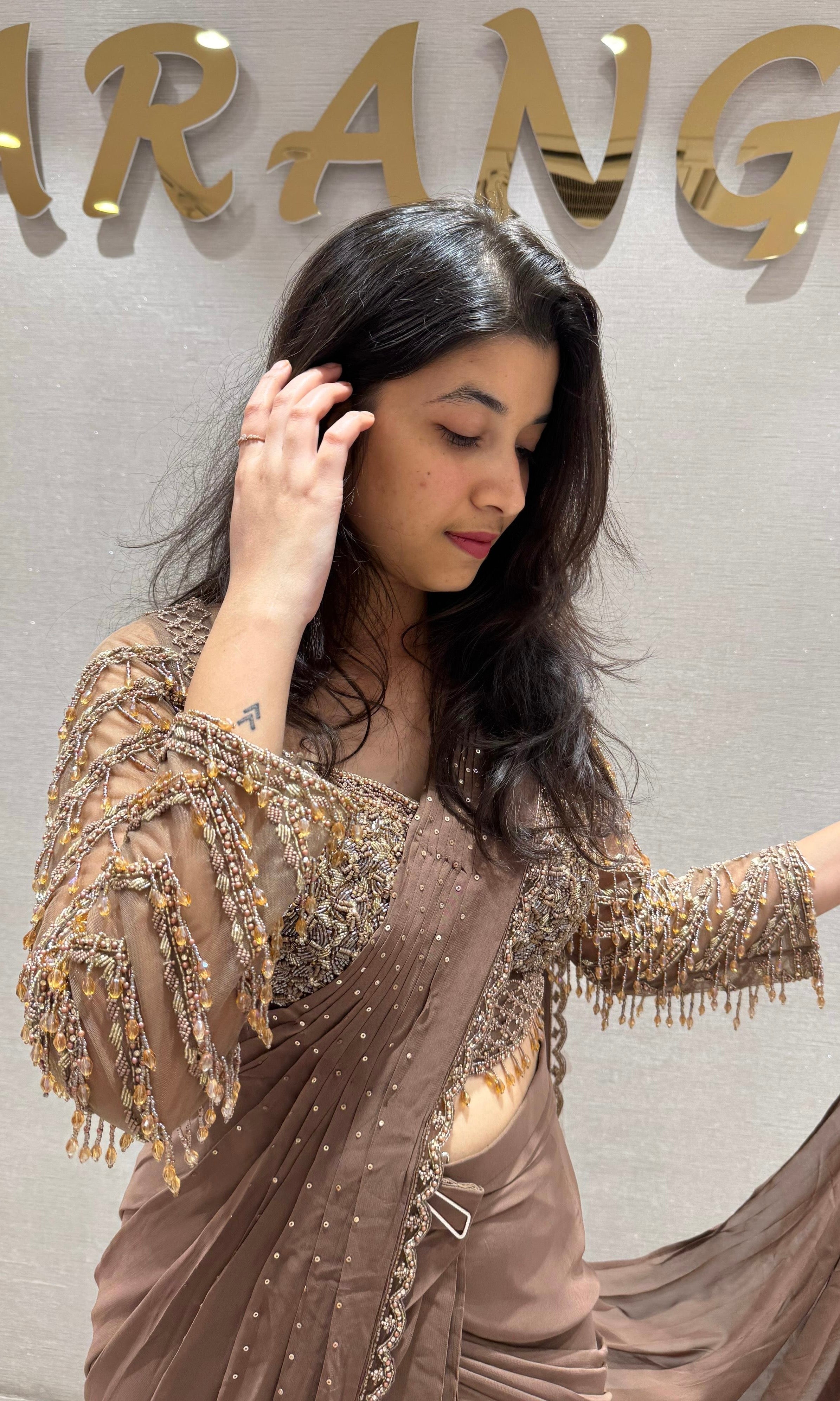 Brown Drape Saree with Beaded Blouse