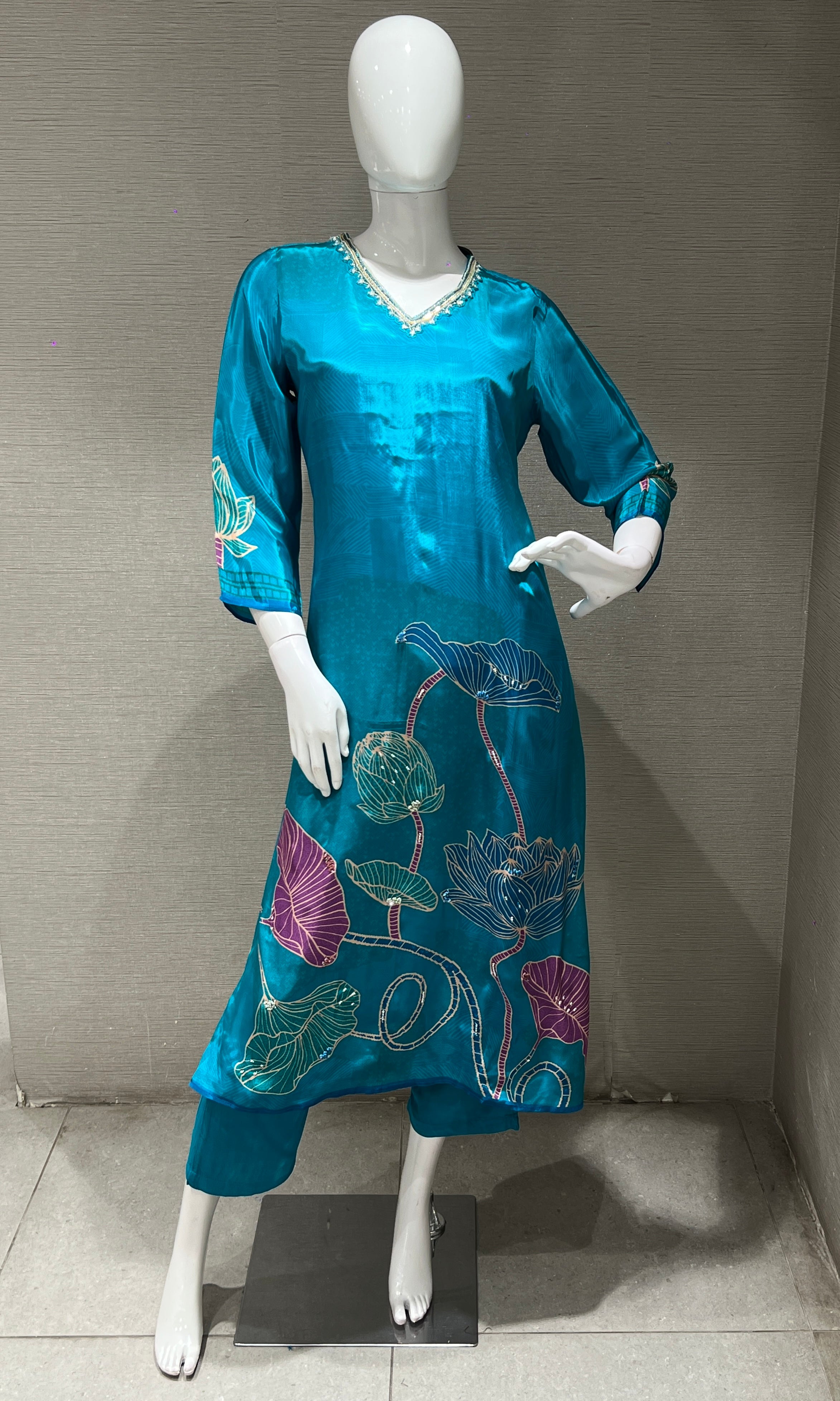 light blue floral print kurta set