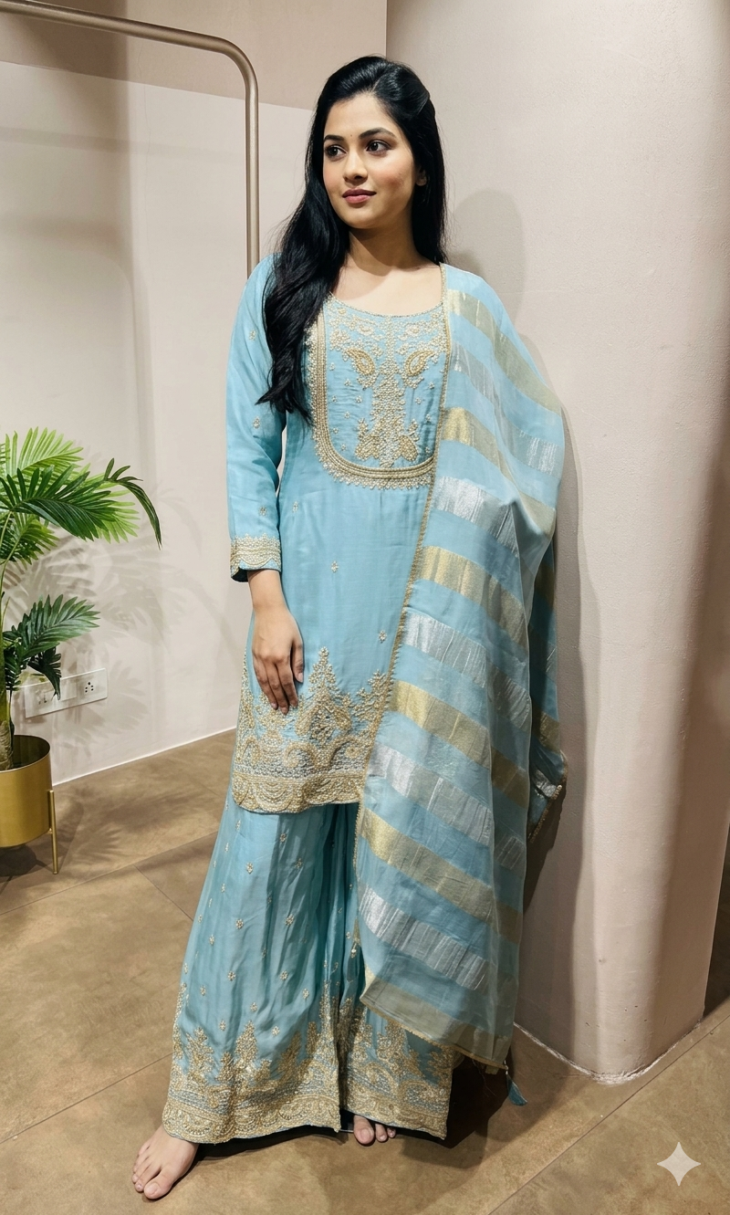 blue and gold silk embroidered sharara set