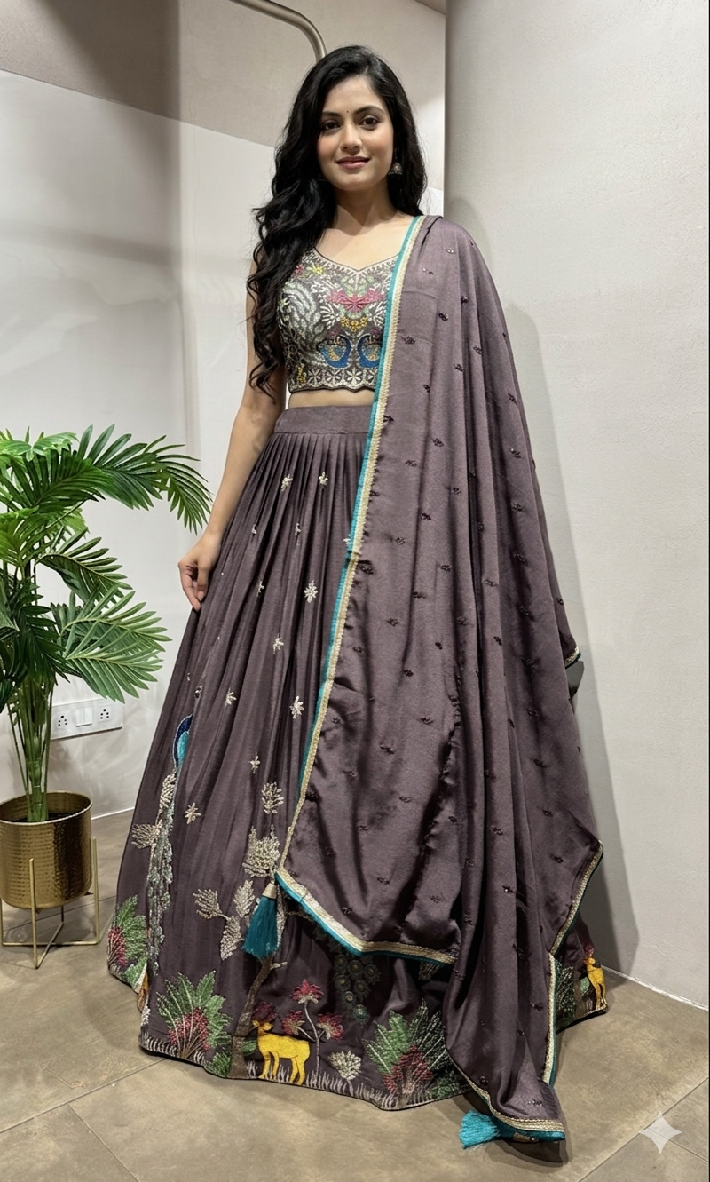 Brown Multi Color floral lehenga