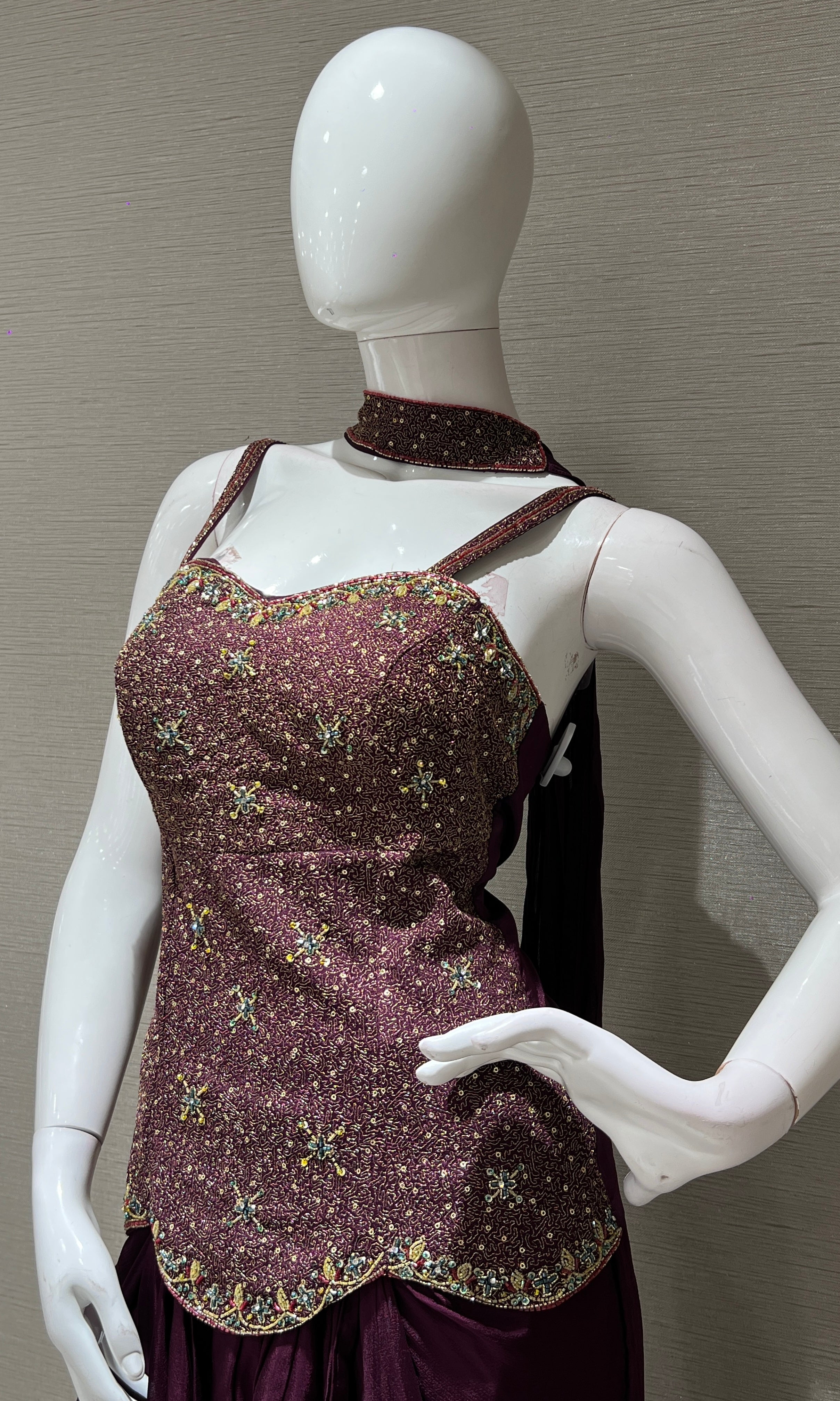 Wine Embroidered corset blouse with draped skirt