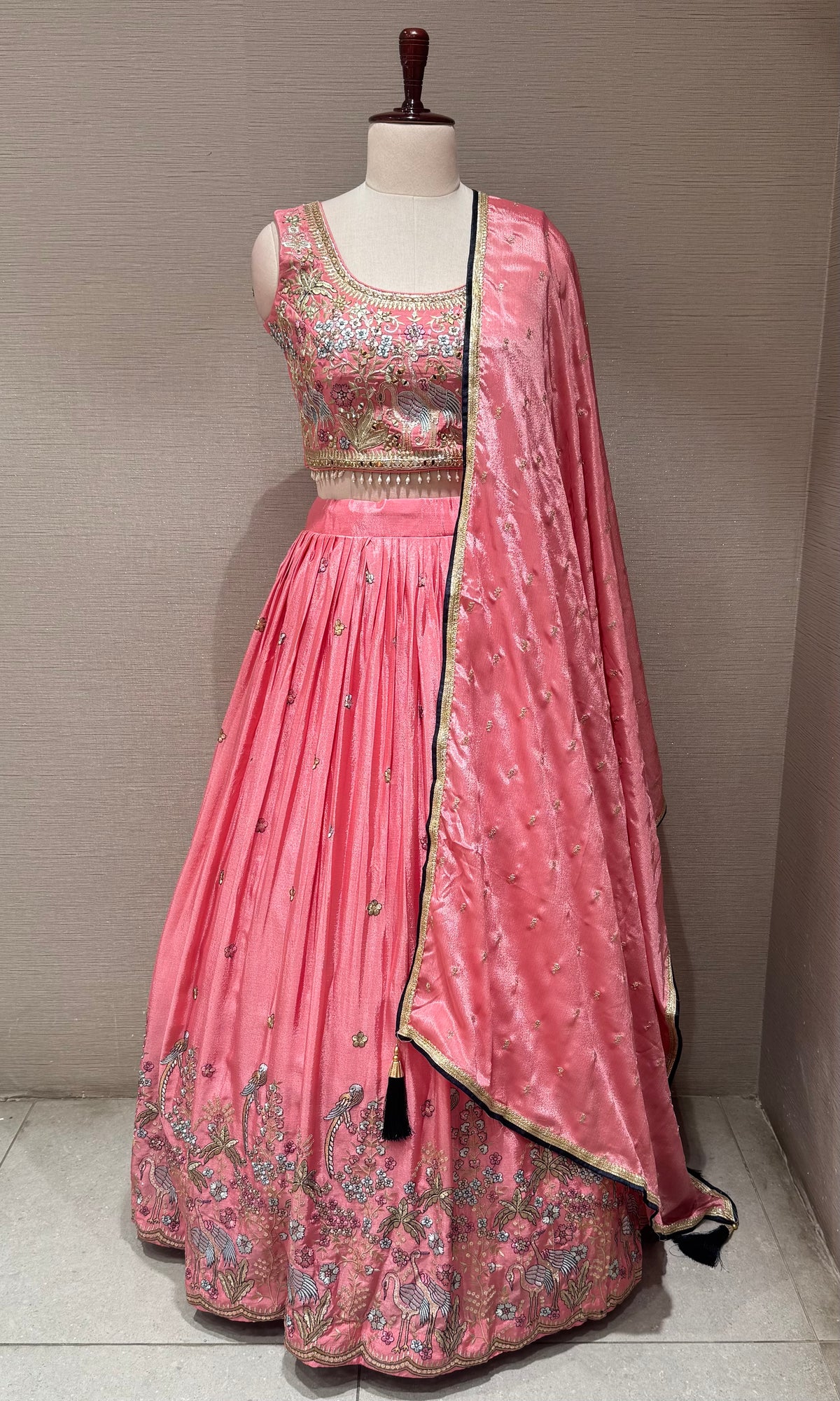 blush Pink Tissue silk Forest Floral Lehenga set