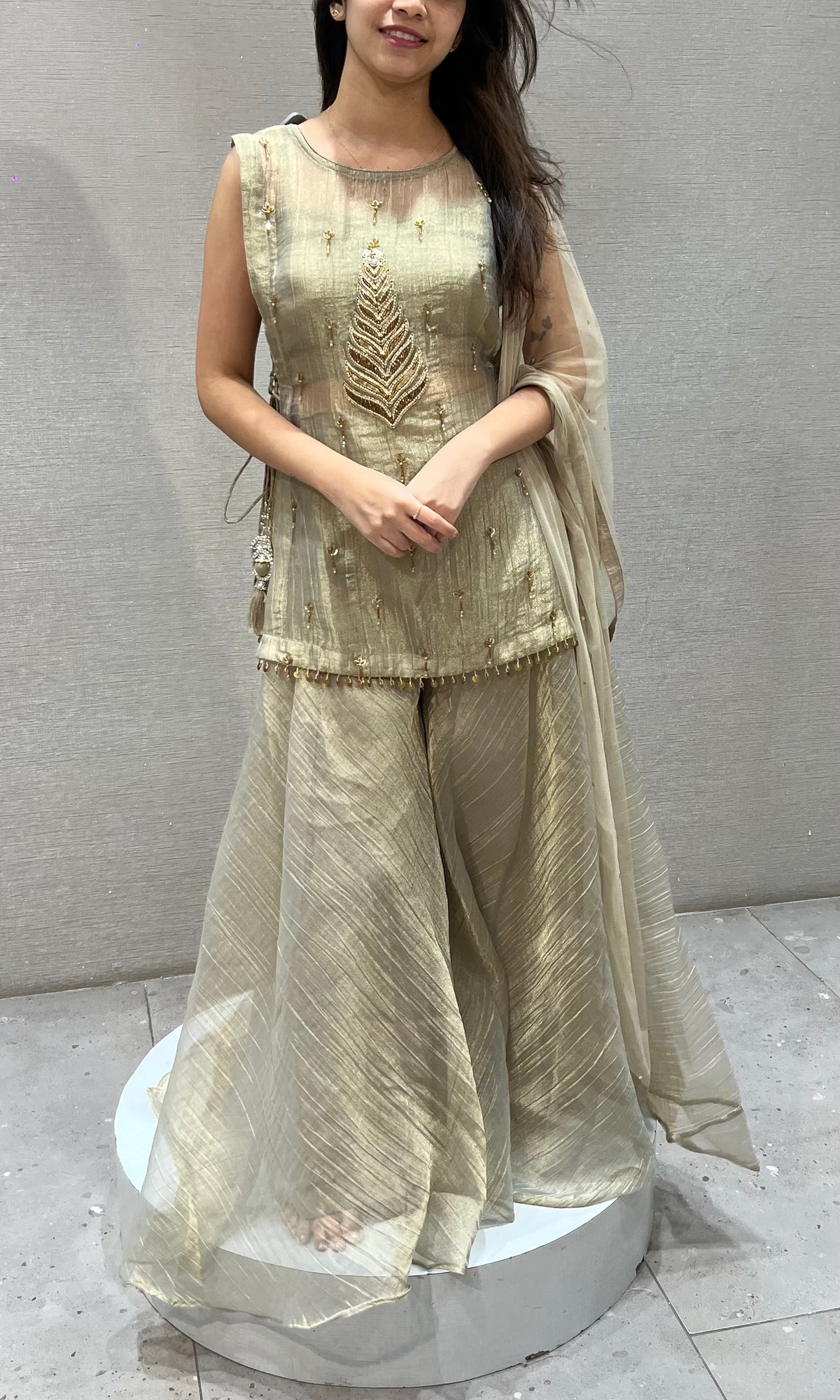 Beige Embroidered Shimmer palazzo Set with Dupatta
