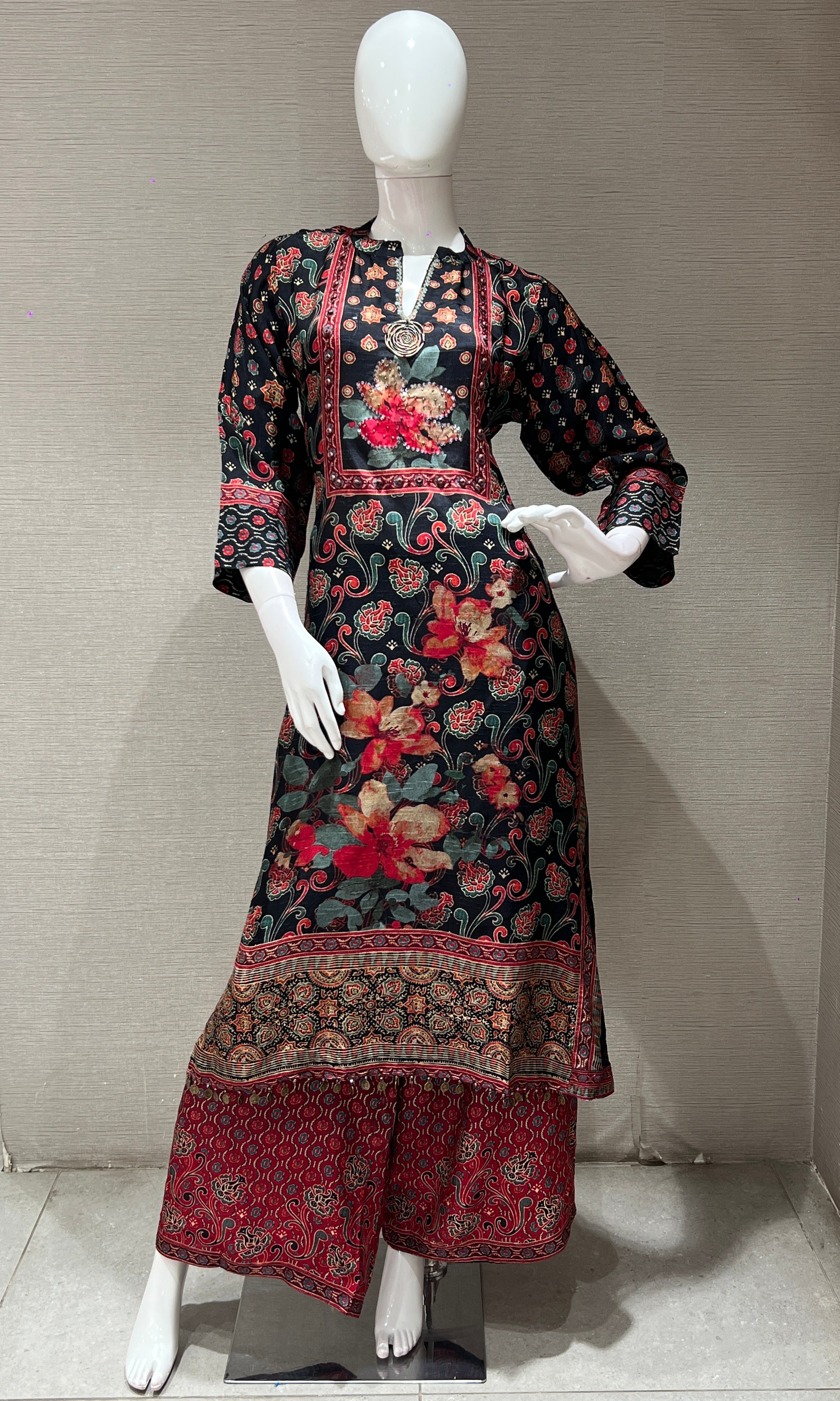 black floral printed kurta set with palazzo pants