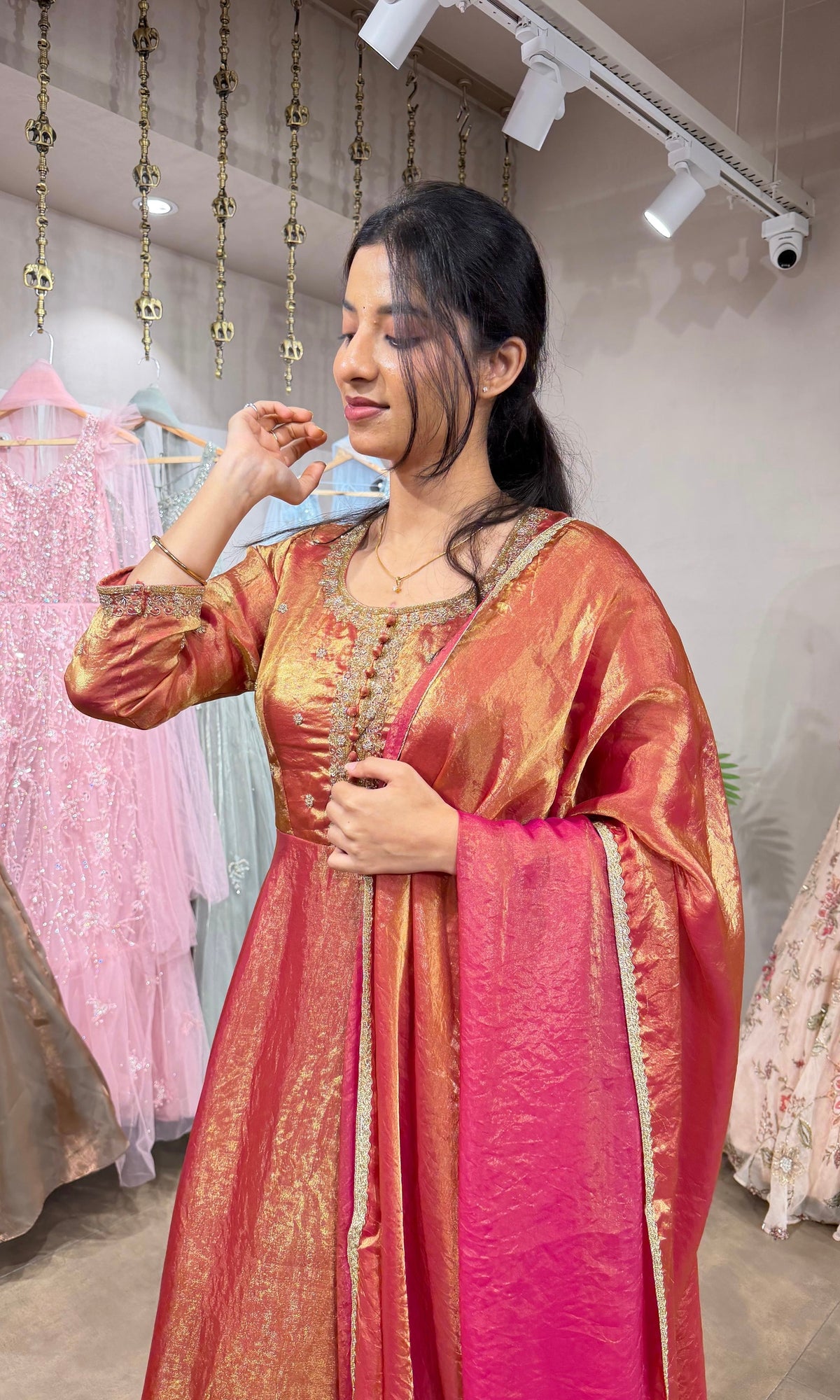 Shimmering RUST-Gold Silk Tissue Anarkali Set
