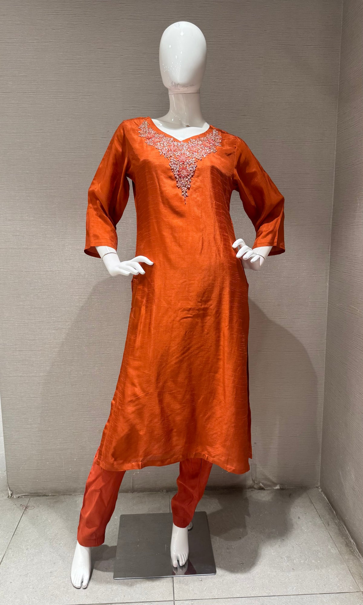 RUST Mul Chanderi Kurta Set with Striped Dupatta