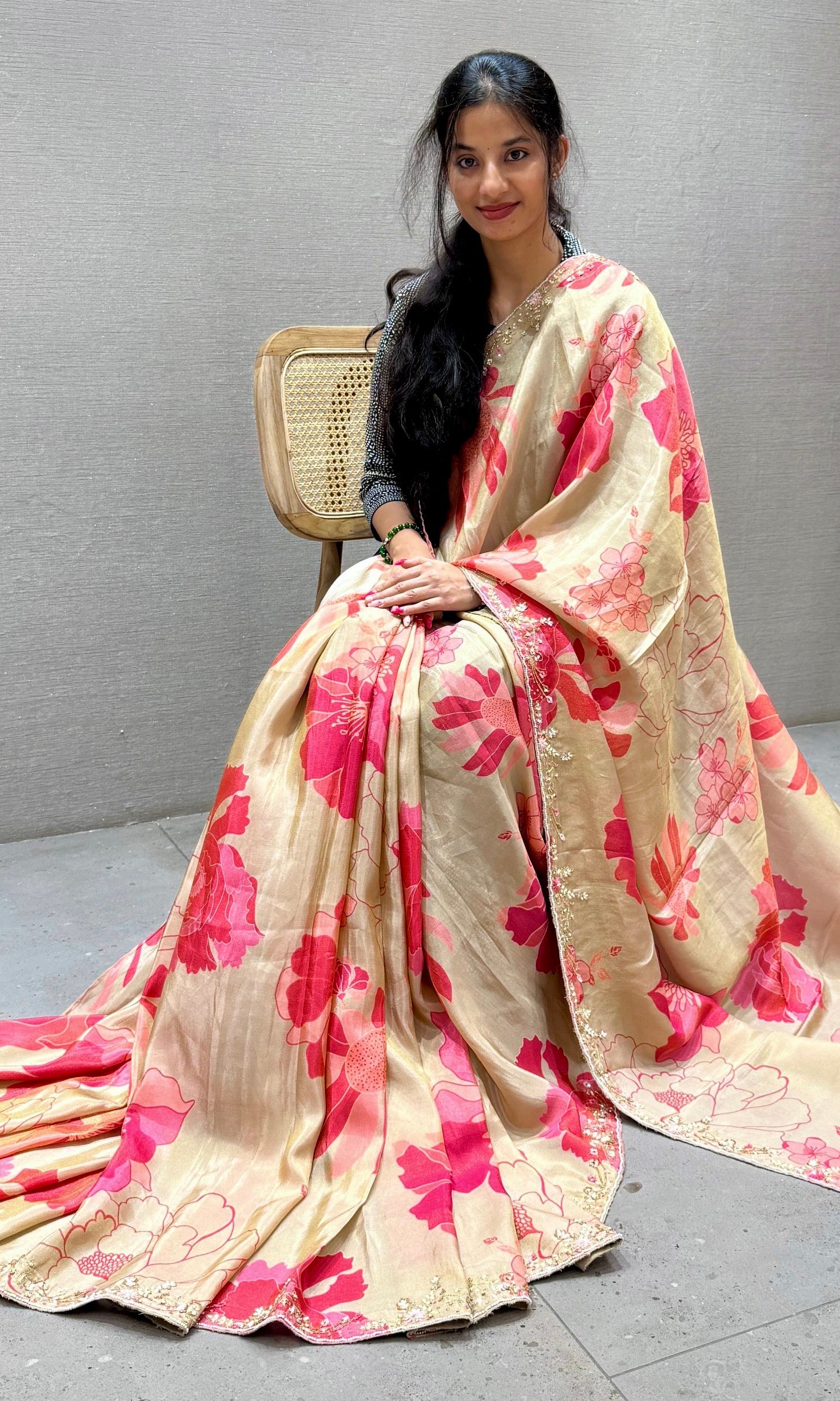 Cream gold floral print satin silk saree with ready blouse