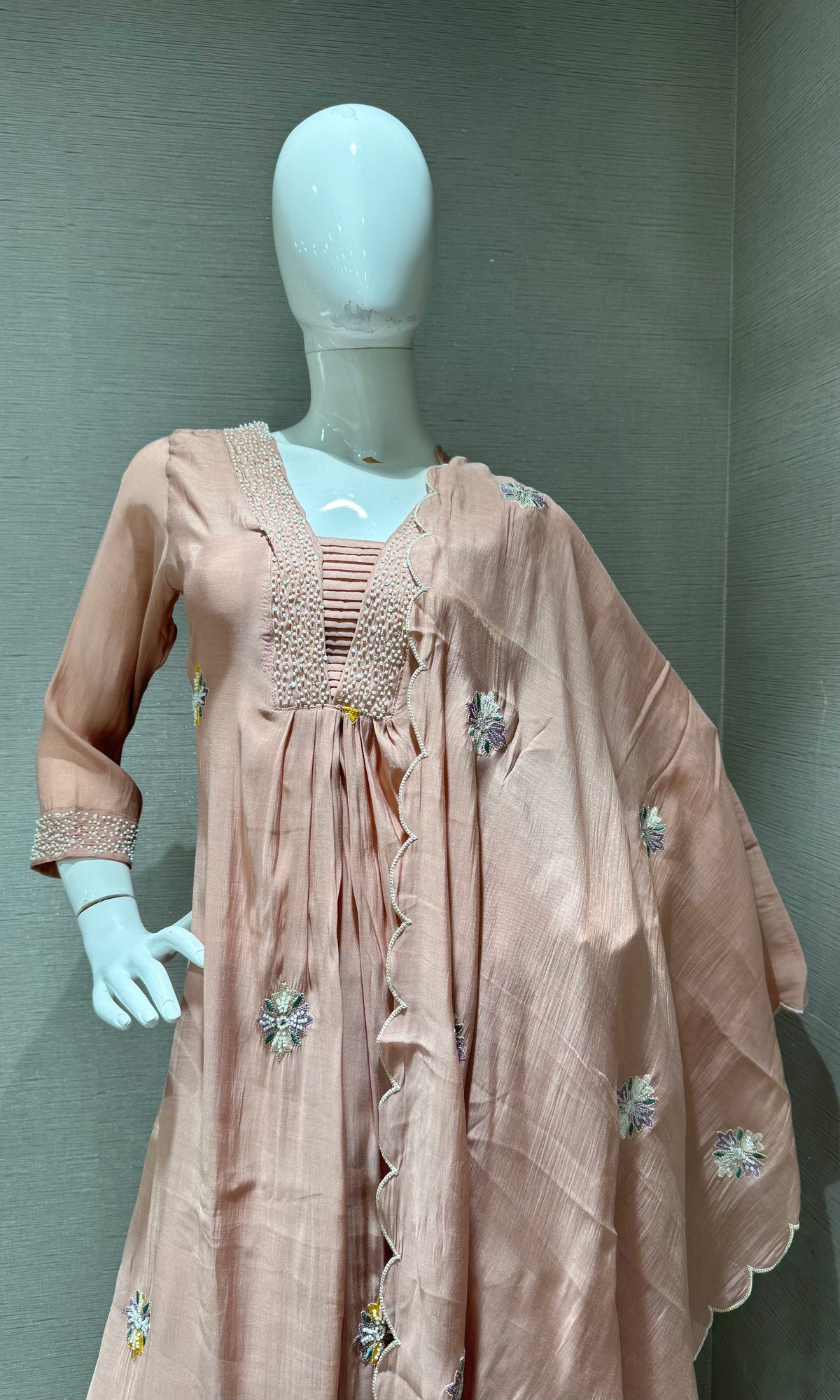 Beige Floral Embroidered Cotton Kurta set with Dupatta
