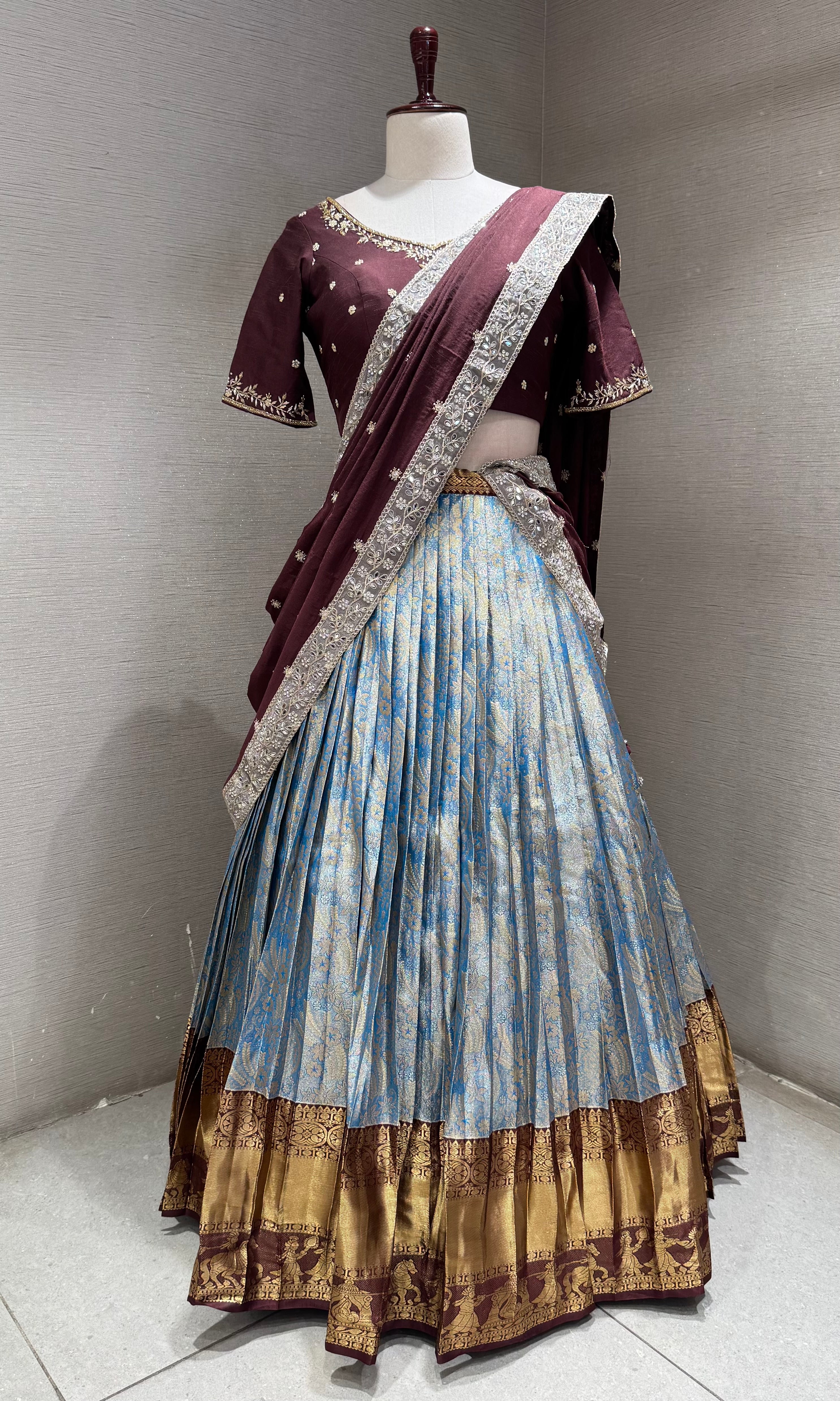 BLUE BANARASI PATTU LEHENGA WITH EMBROIDERED BLOUSE