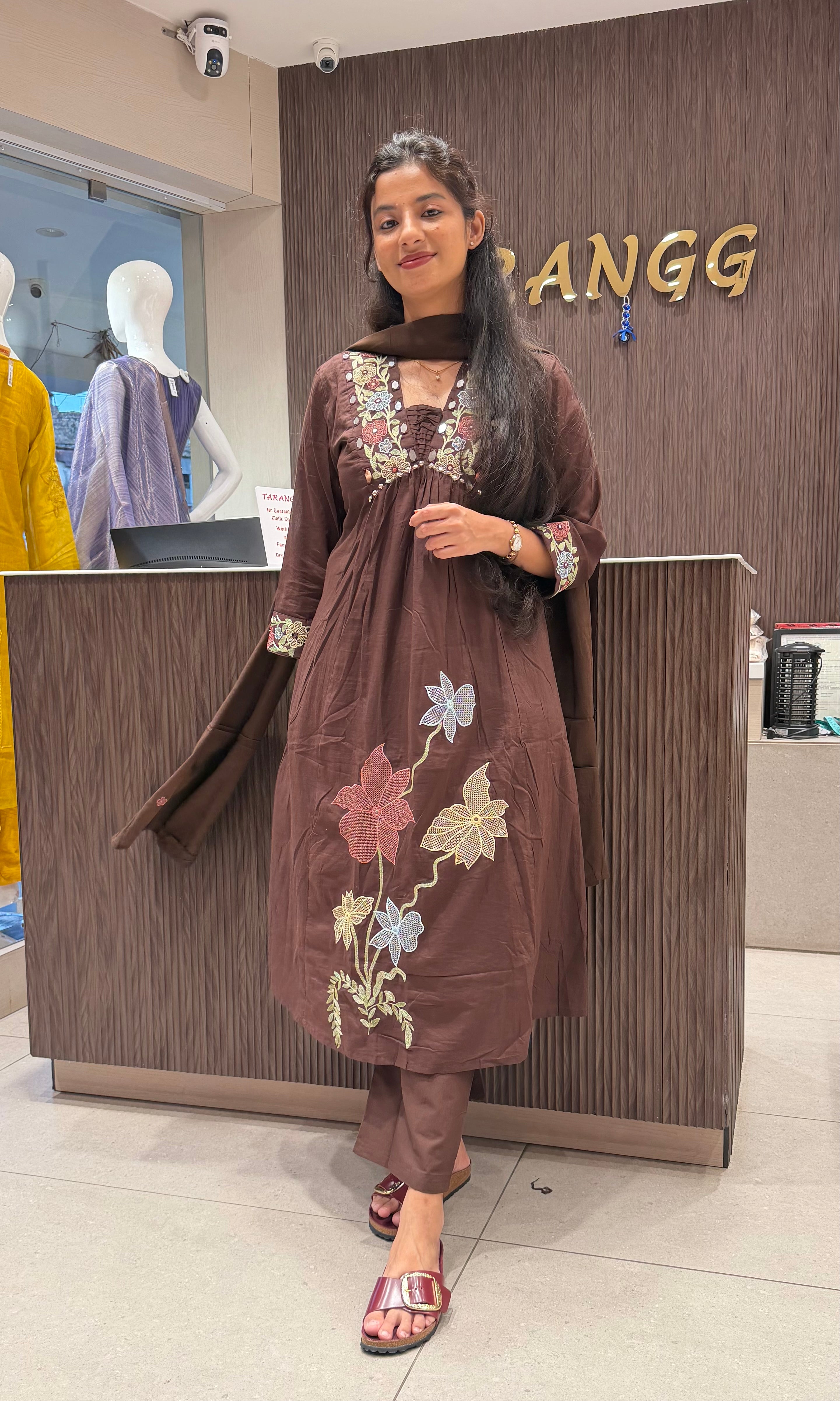 Brown Floral Embroidered Kurta set