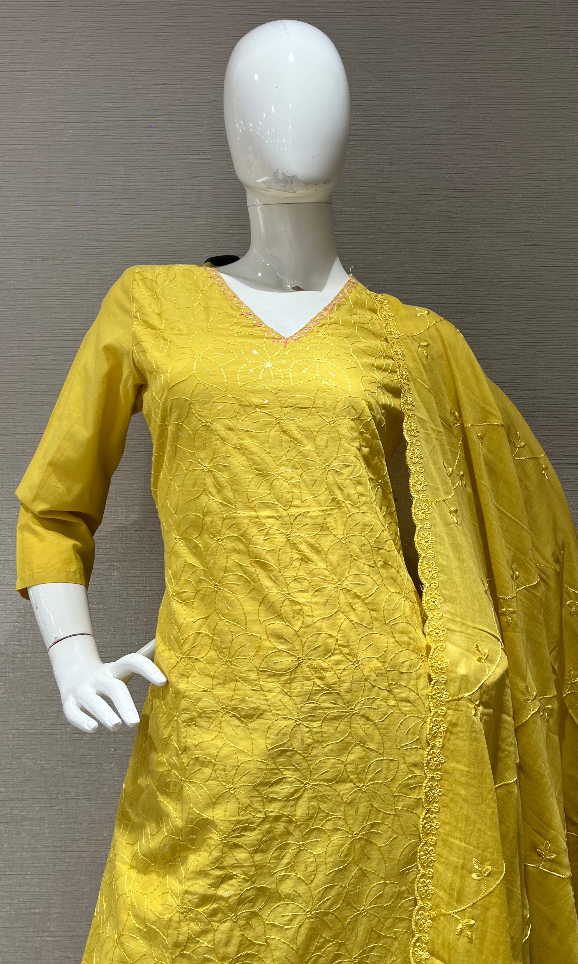 Yellow Cotton Kurta set with Embroidered Dupatta