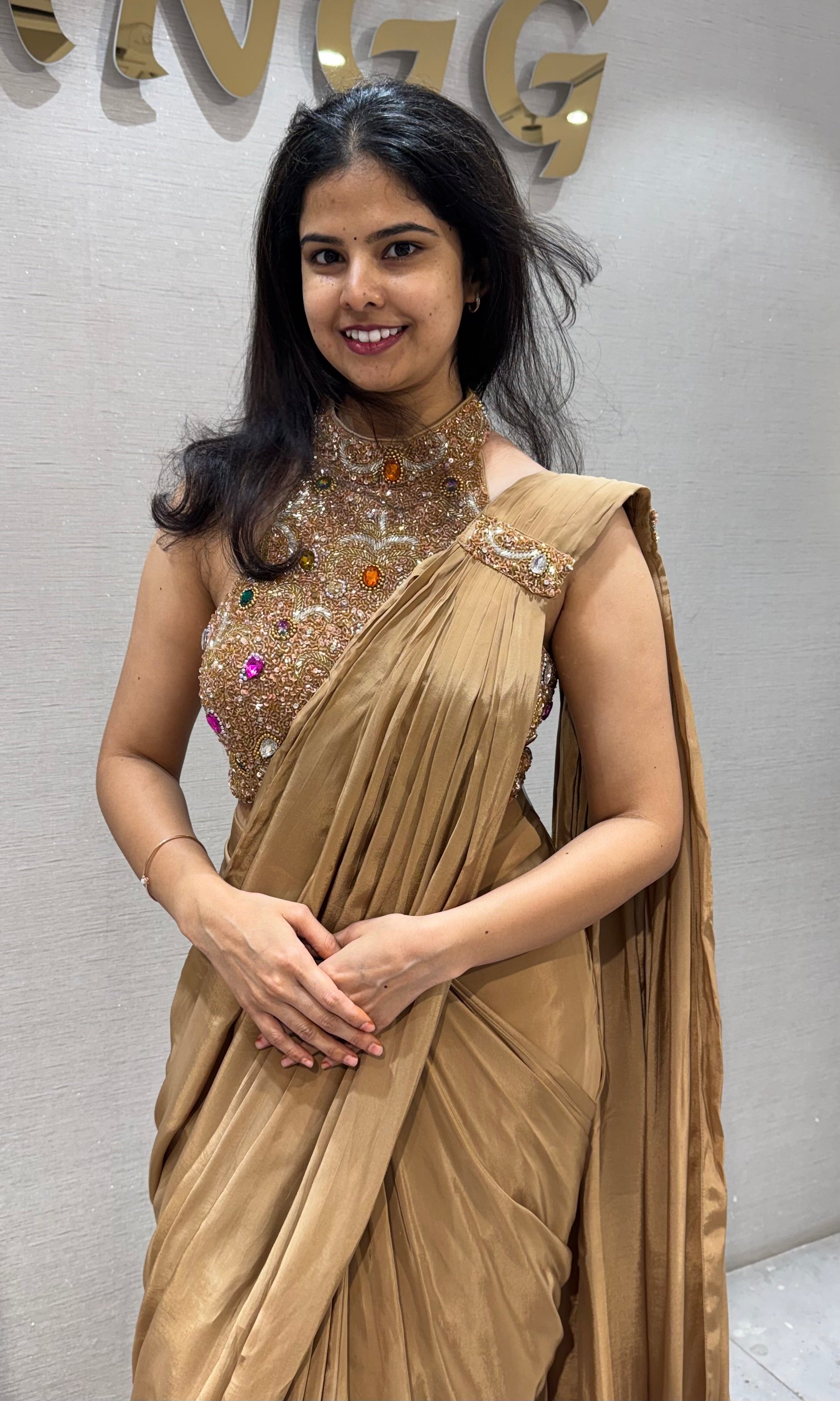 Gold Silk Saree with Floral Embellished Stone Blouse