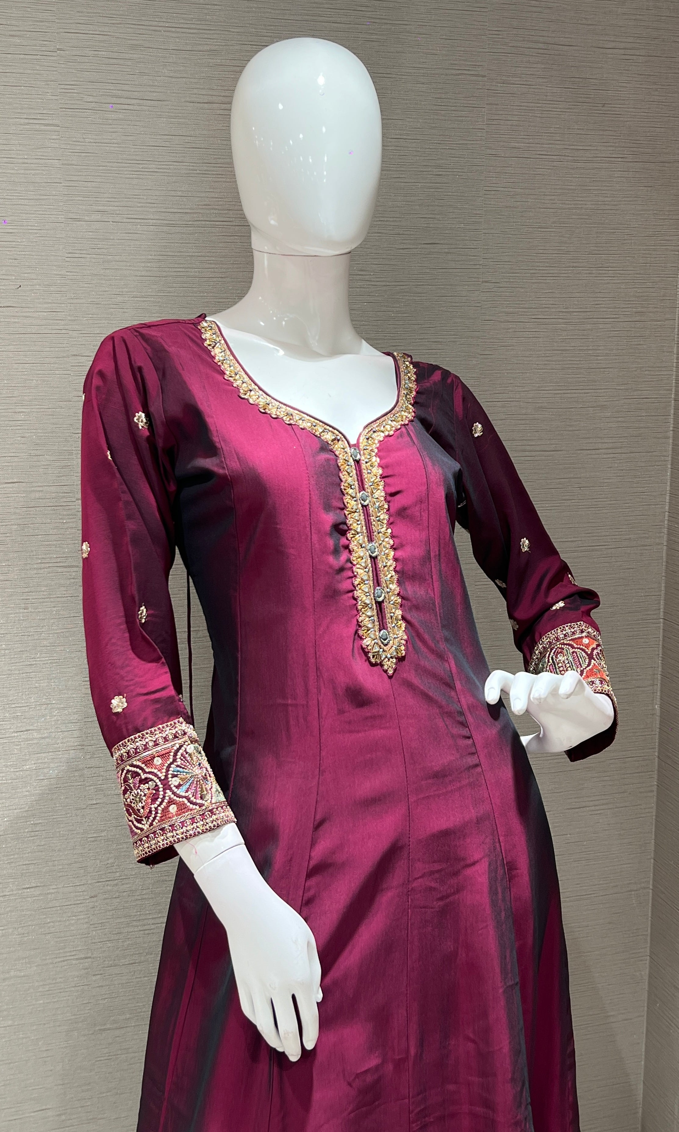 wine gold embroidery anarkali set