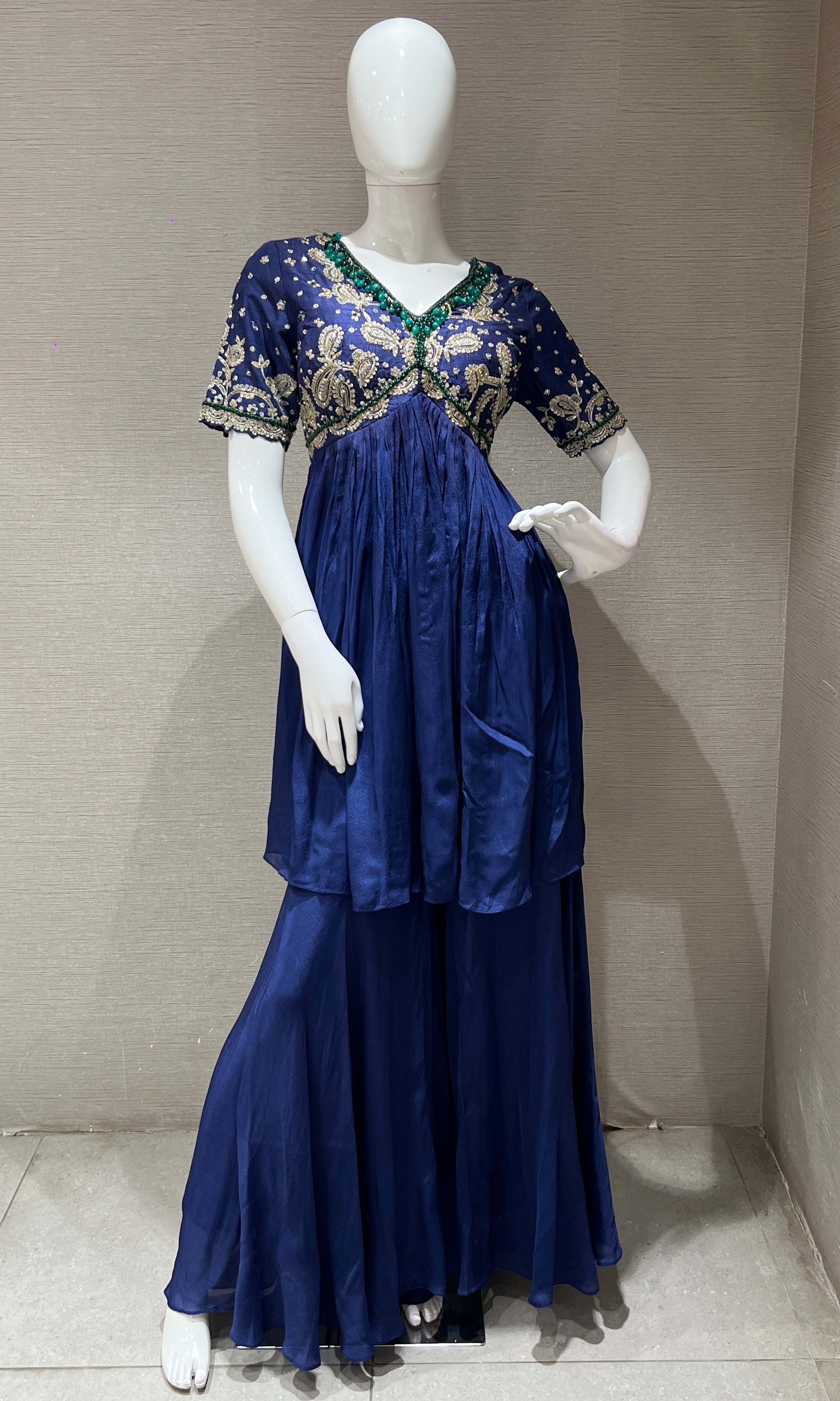 Blue embroidered peplum palazzo SET
