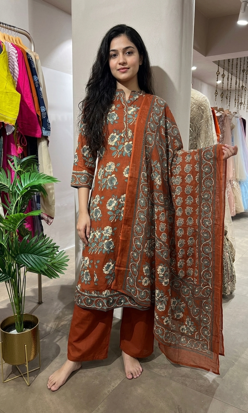 RUST FLORAL PRINTED ETHNIC KURTA SET