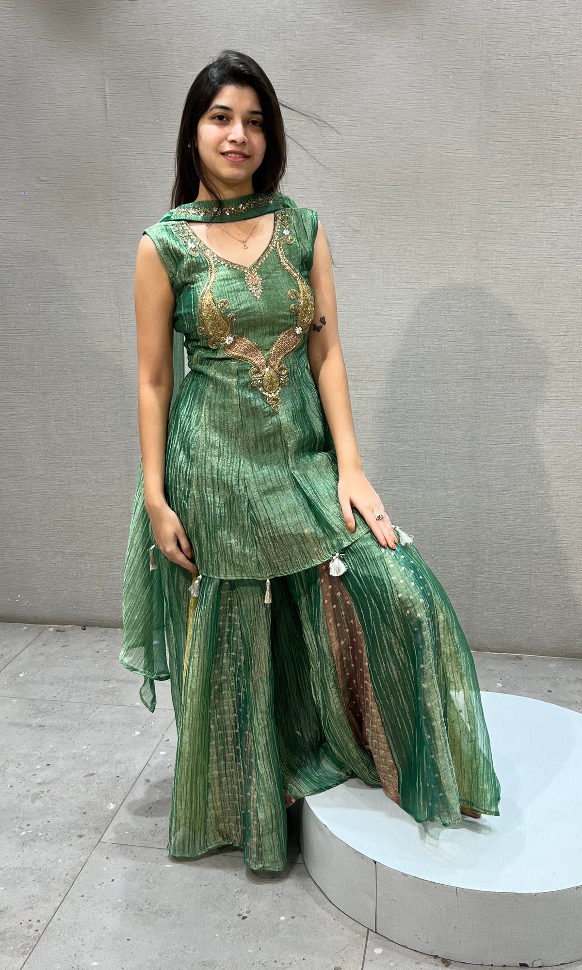 Sage Green Tissue  Gold Embroidery Palazzo Set with dupatta