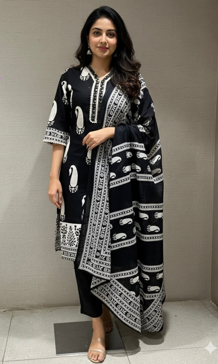 Black EMBROIDERED PRINTED KURTA SET