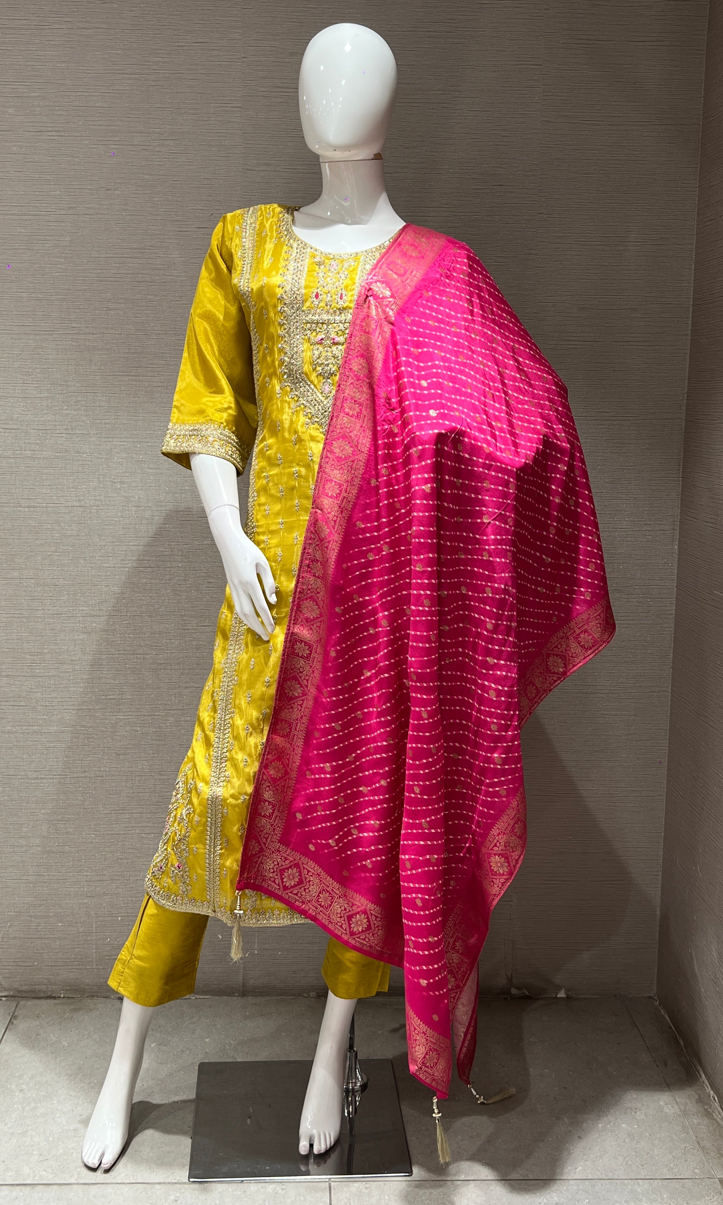 Yellow kurta set WITH CONTRAST PINK DUPATTA