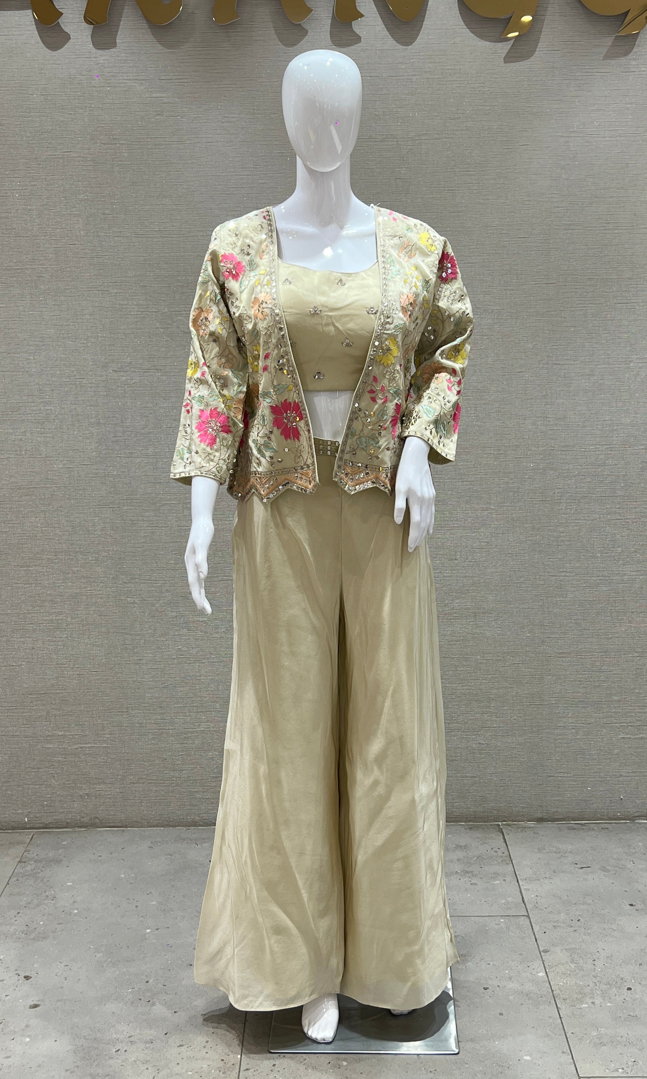 Cream Pallazo set with jacket